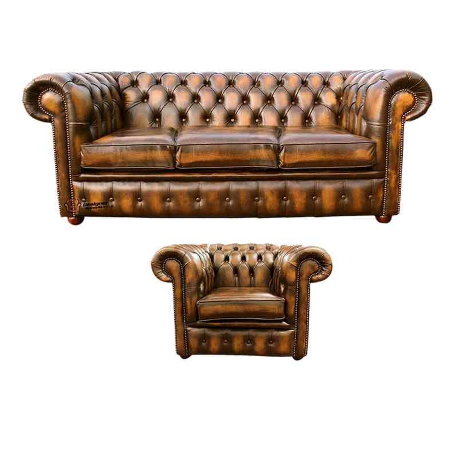 Product photograph of Chesterfield 3 Seater Sofa Club Chair Leather Sofa Suite Offer Antique Gold from Designer Sofas 4U