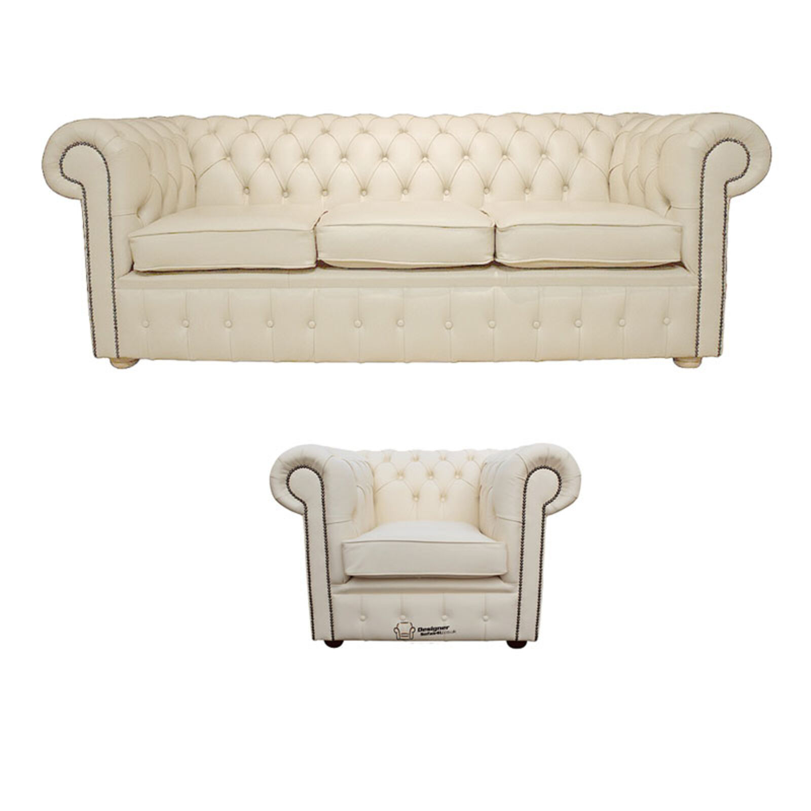 Product photograph of Chesterfield 3 Seater Sofa Club Chair Leather Sofa Suite Offer Cottonseed Cream from Designer Sofas 4U