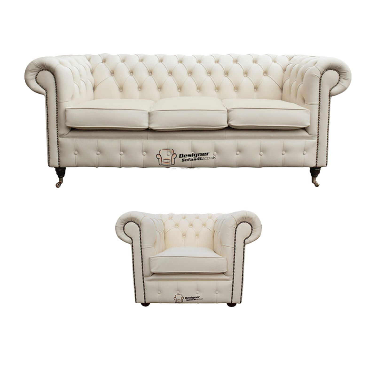 Product photograph of Chesterfield 3 Seater Sofa Club Chair Leather Sofa Suite Offer Ivory from Designer Sofas 4U