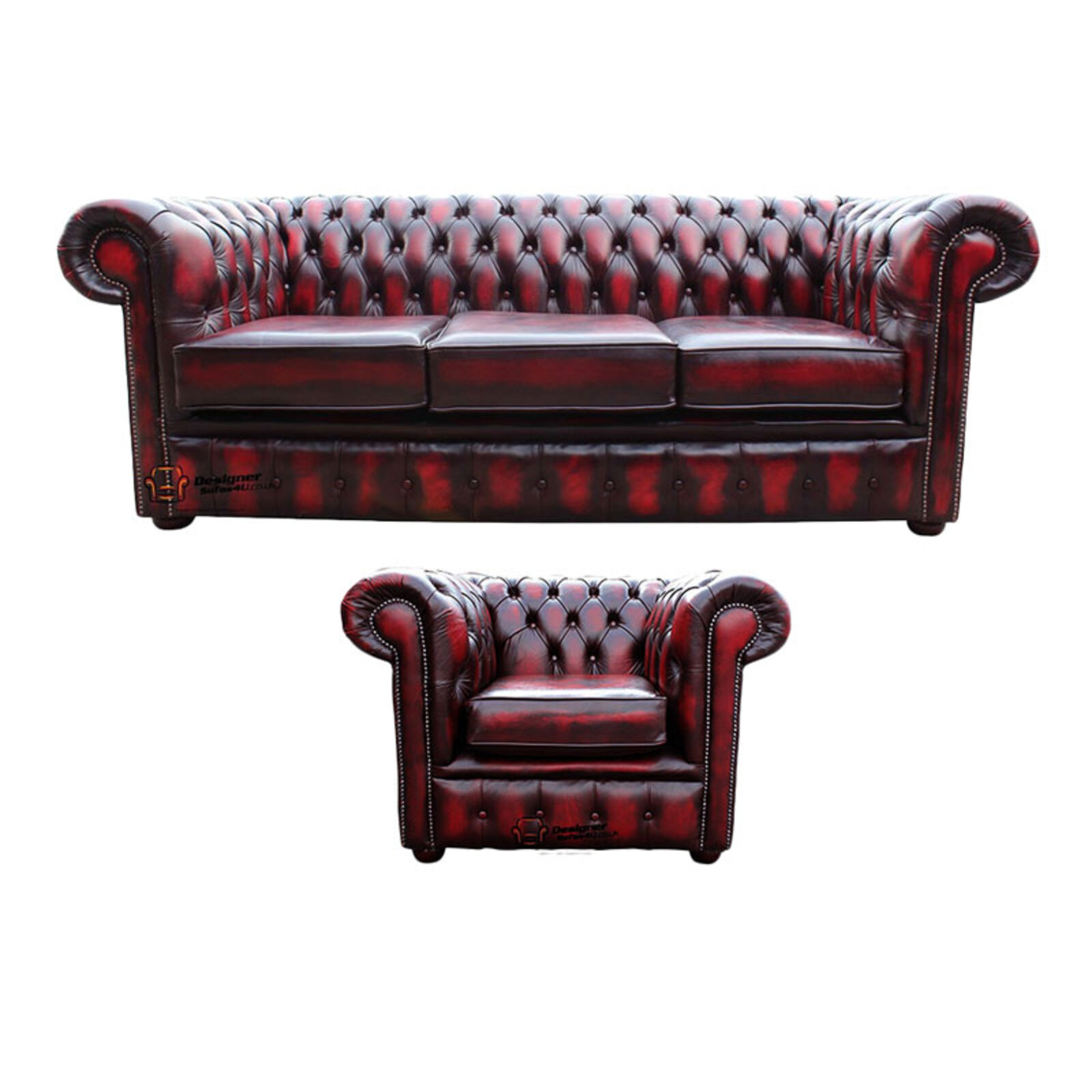 Product photograph of Chesterfield 3 Seater Sofa Club Chair Leather Sofa Suite Offer Antique Oxblood from Designer Sofas 4U