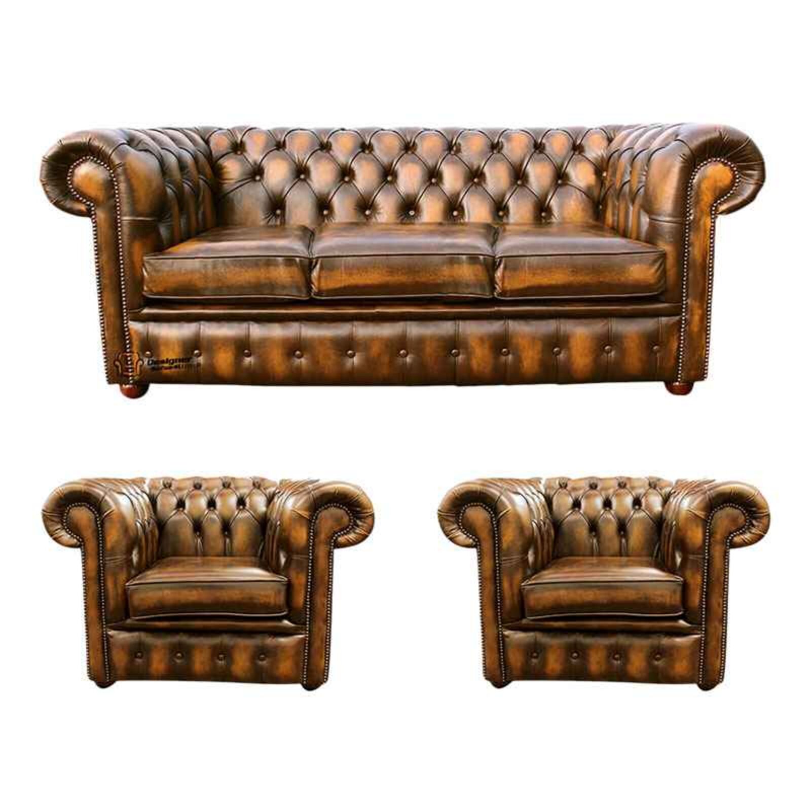 Product photograph of Chesterfield 3 Seater Sofa 2 X Club Chairs Leather Sofa Suite Offer Antique Gold from Designer Sofas 4U
