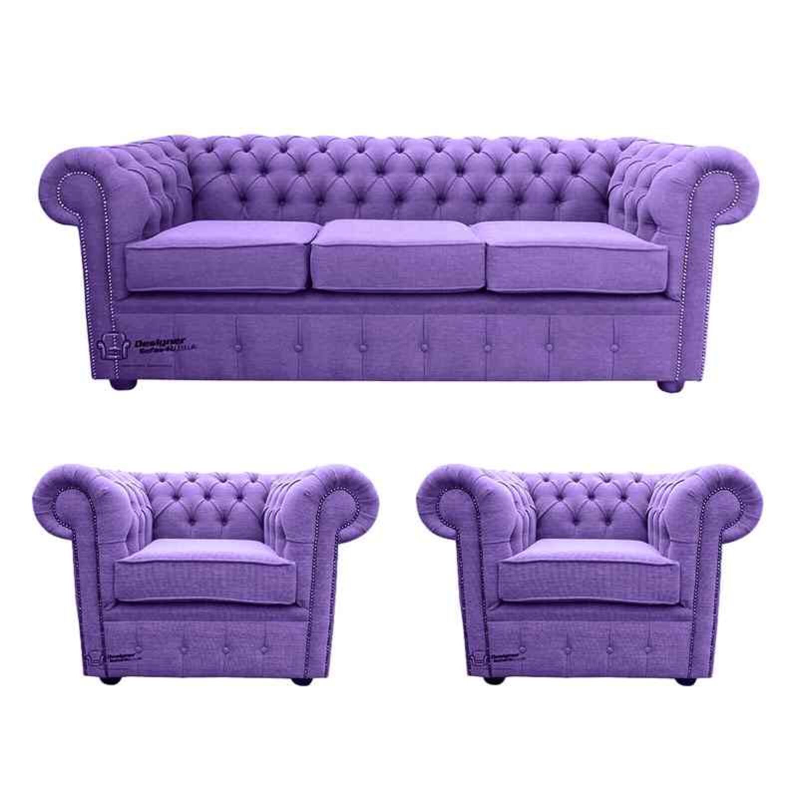 Product photograph of Chesterfield 3 Seater 2 X Club Chairs Verity Purple Fabric Sofa Suite Offer from Designer Sofas 4U