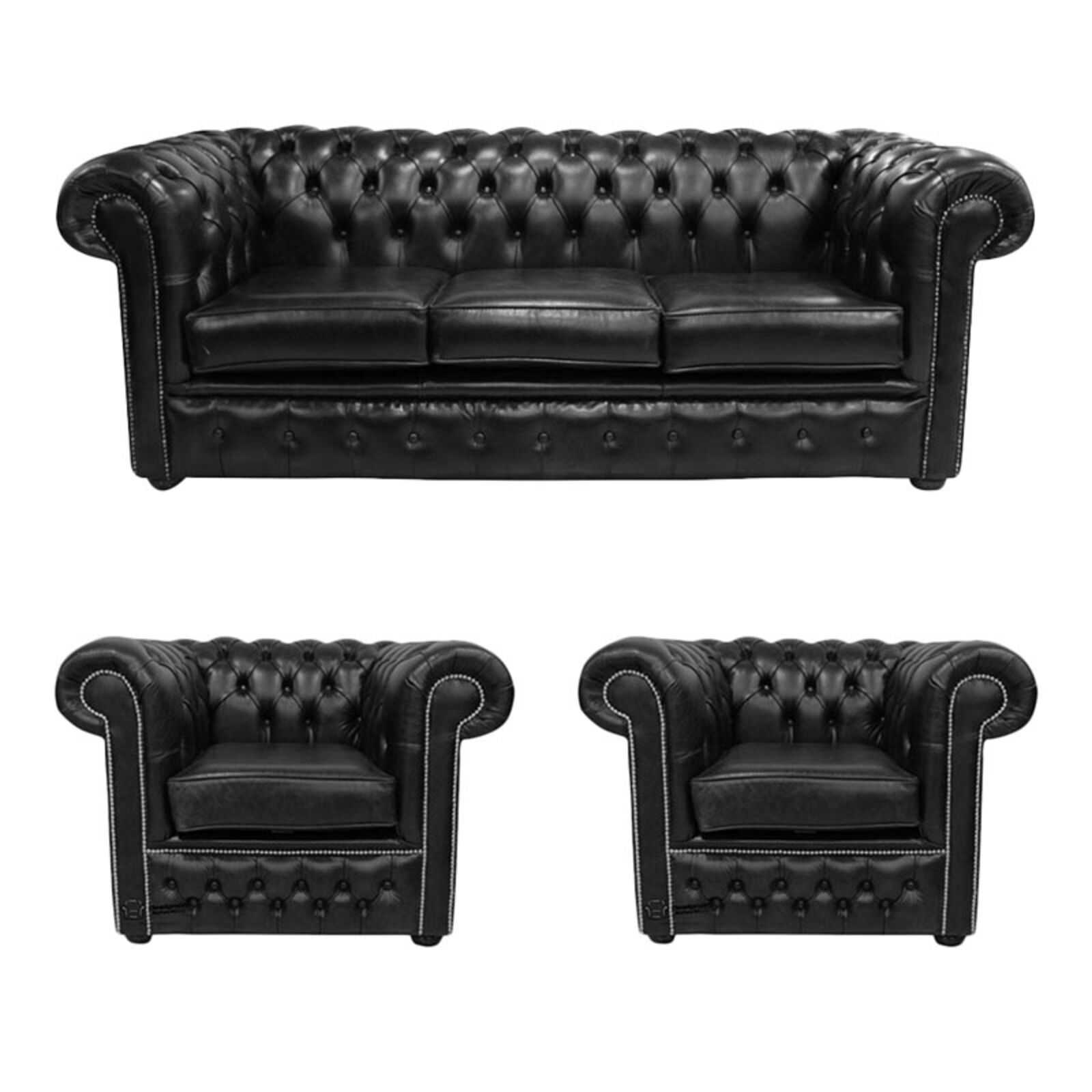 Product photograph of Chesterfield 3 Seater 2 X Club Chairs Old English Black Leather Sofa Offer from Designer Sofas 4U