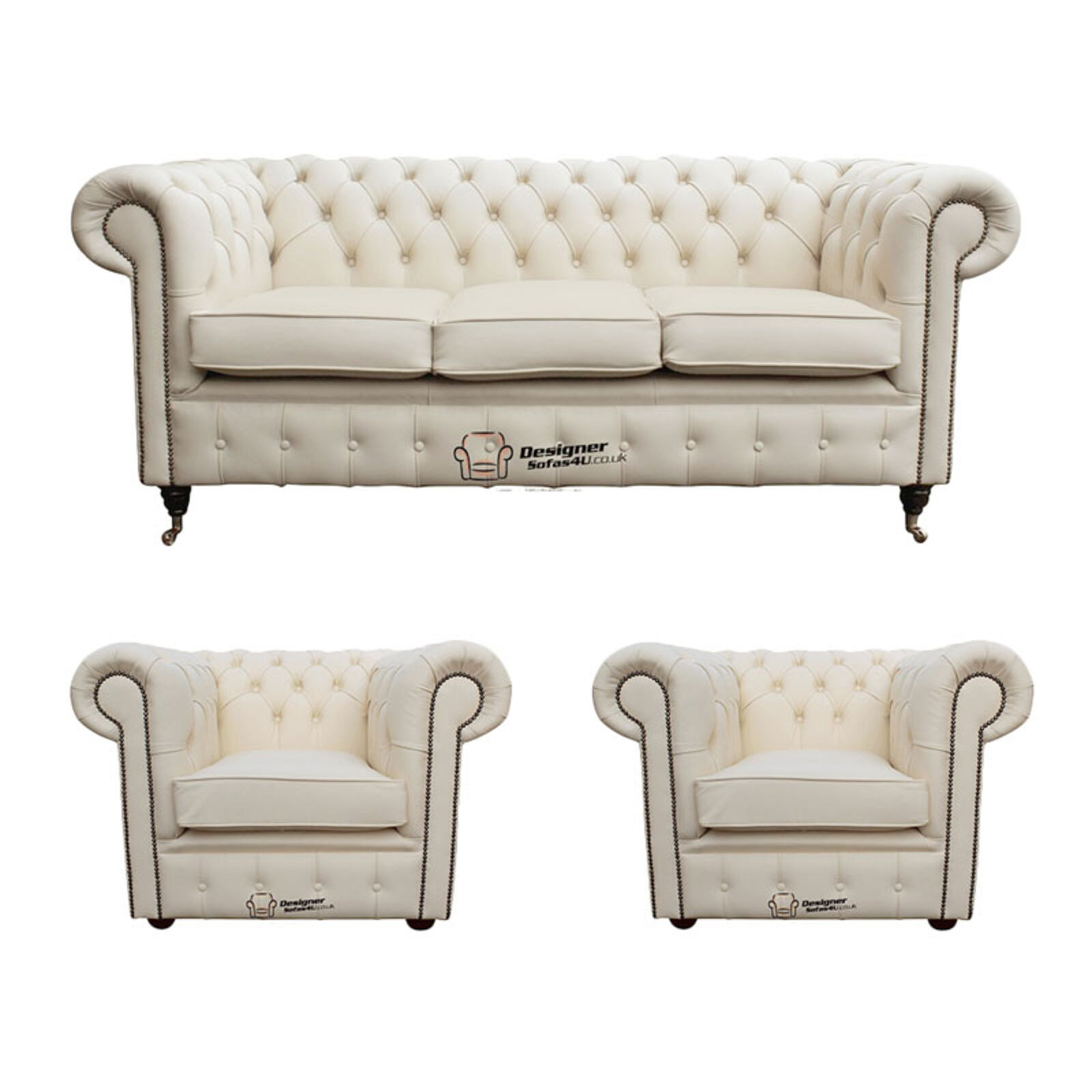 Product photograph of Chesterfield 3 Seater Sofa 2 X Club Chairs Leather Sofa Suite Offer Ivory from Designer Sofas 4U