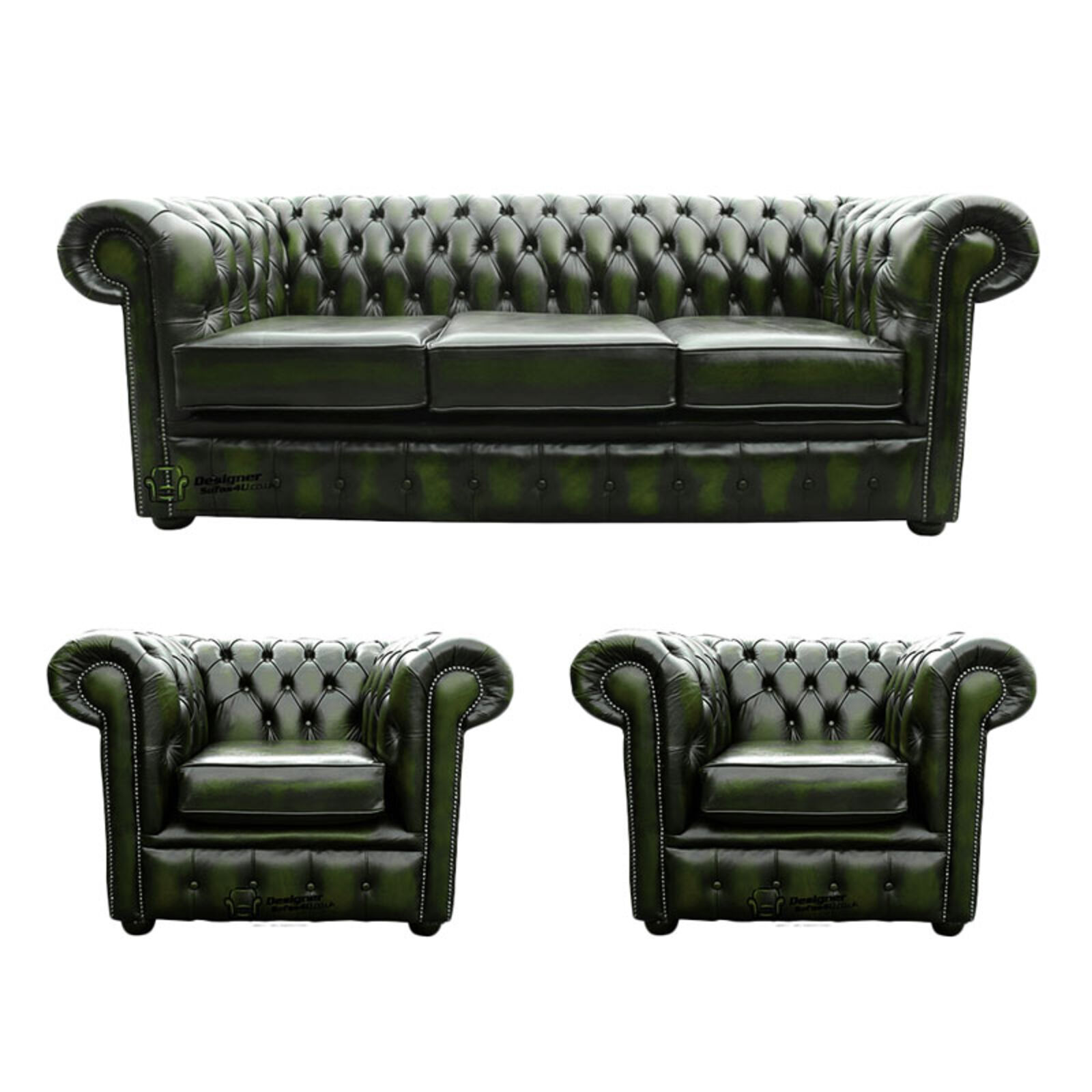 Product photograph of Chesterfield 3 Seater Sofa 2 X Club Chairs Leather Sofa Suite Offer Antique Green from Designer Sofas 4U