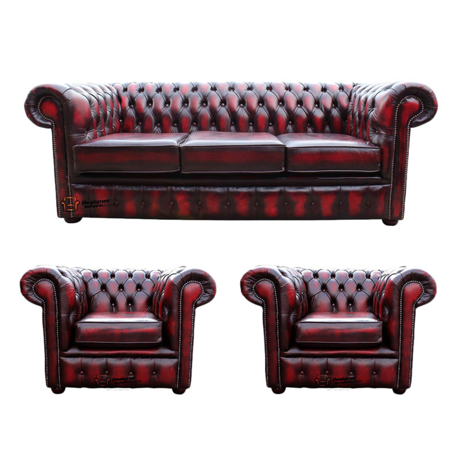 Product photograph of Chesterfield 3 Seater Sofa 2 X Club Chairs Leather Sofa Suite Offer Antique Oxblood from Designer Sofas 4U
