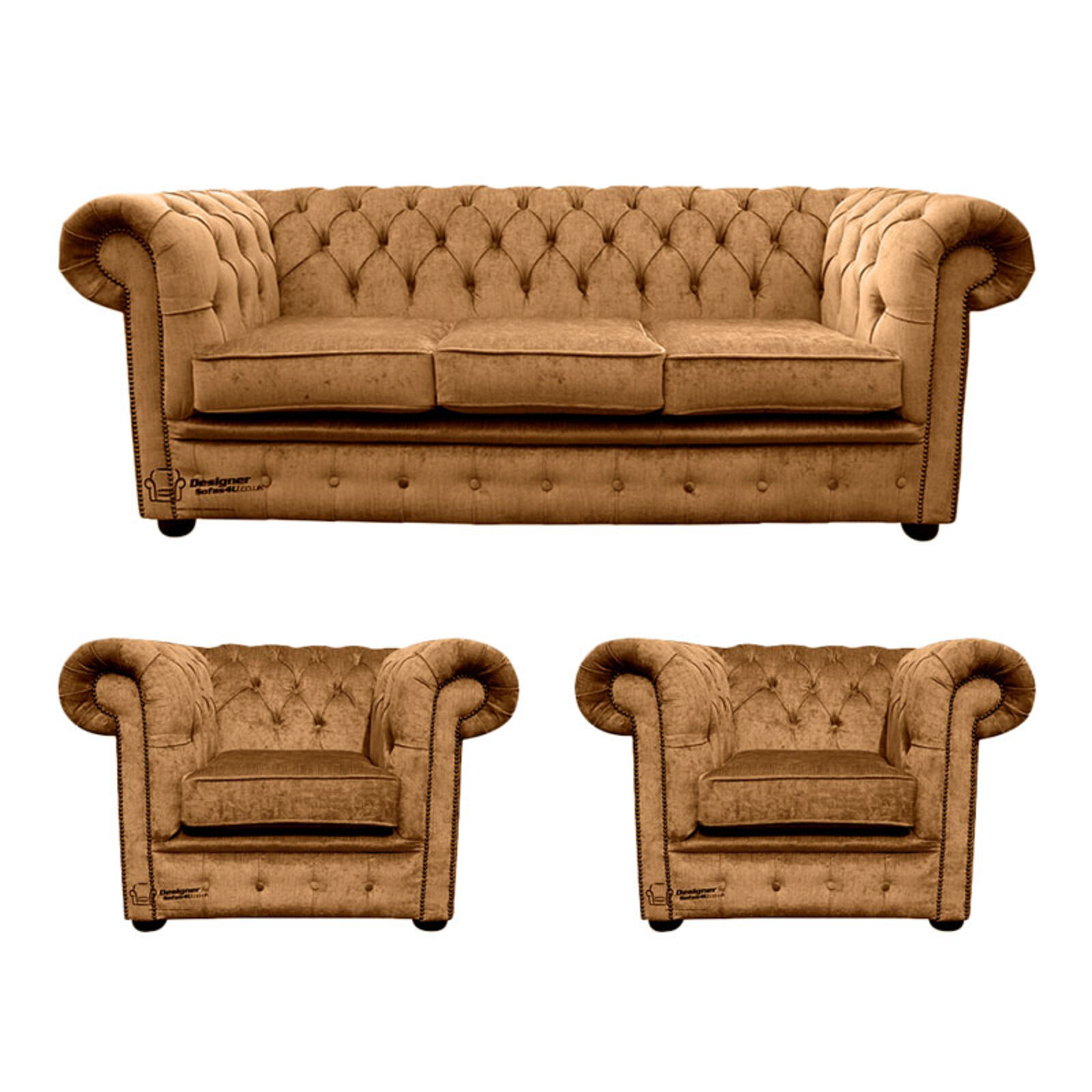 Product photograph of Chesterfield 3 Seater 2 X Club Chairs Harmony Gold Velvet Sofa Suite Offer from Designer Sofas 4U