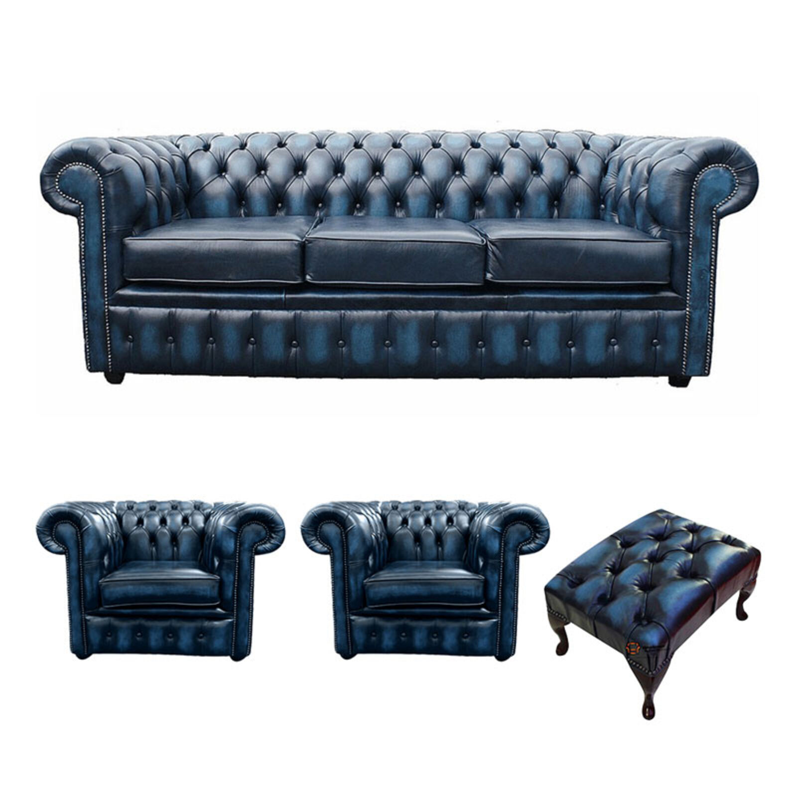 Product photograph of Chesterfield 3 Seater Sofa 2 X Club Chairs Footstool Leather Sofa Suite Offer Antique Blue from Designer Sofas 4U