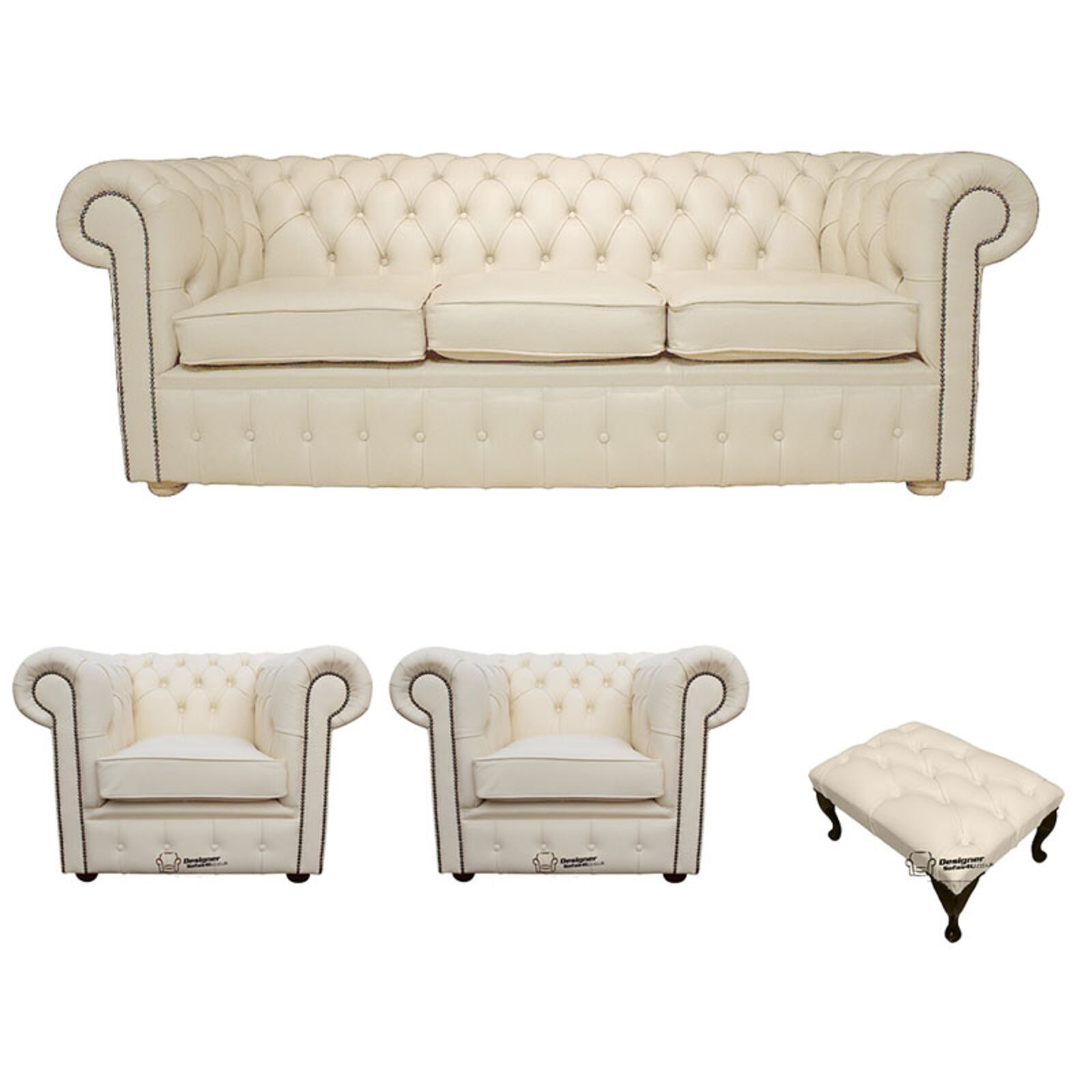 Product photograph of Chesterfield 3 Seater Sofa 2 X Club Chairs Footstool Leather Sofa Suite Offer Cottonseed Cream from Designer Sofas 4U