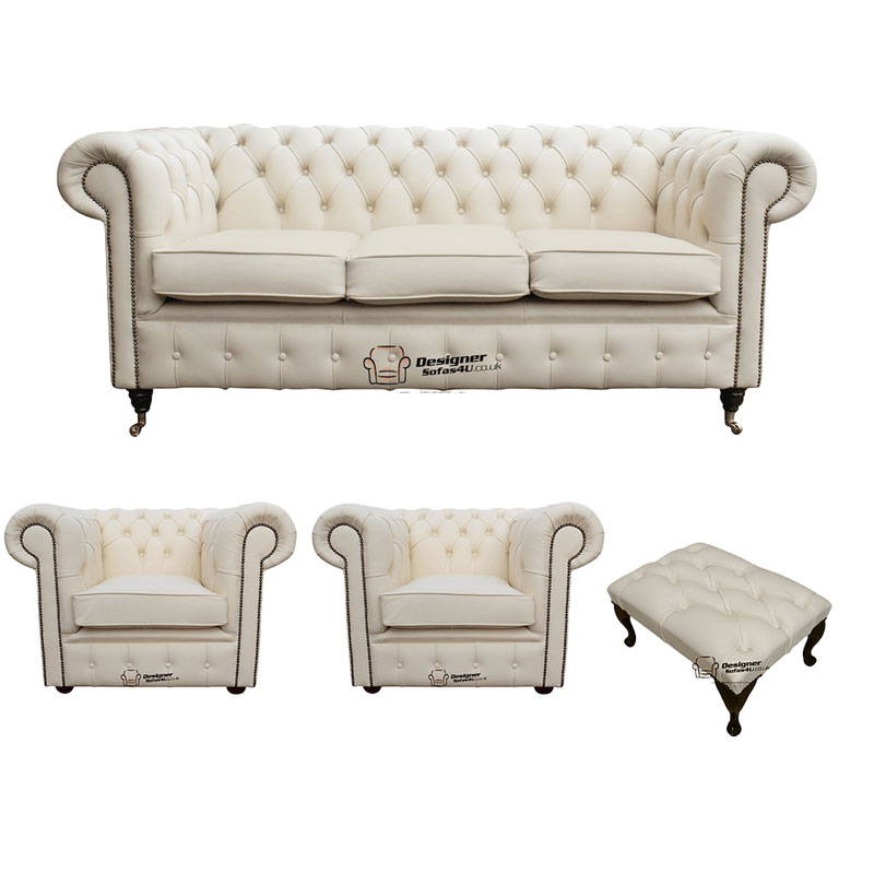 Chesterfield 3 Seater Sofa 2 X Club Chairs Footstool Leather Sofa Suite Offer Ivory