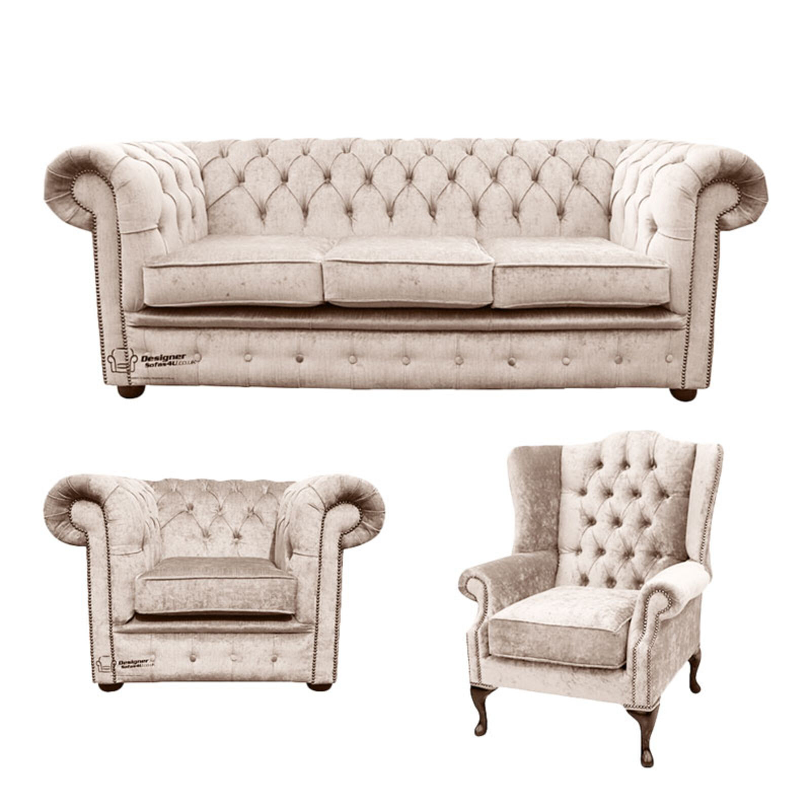 Product photograph of Chesterfield 3 Seater Sofa Club Chair Mallory Wing Chair Harmony Ivory Velvet Sofa Suite Offer from Designer Sofas 4U