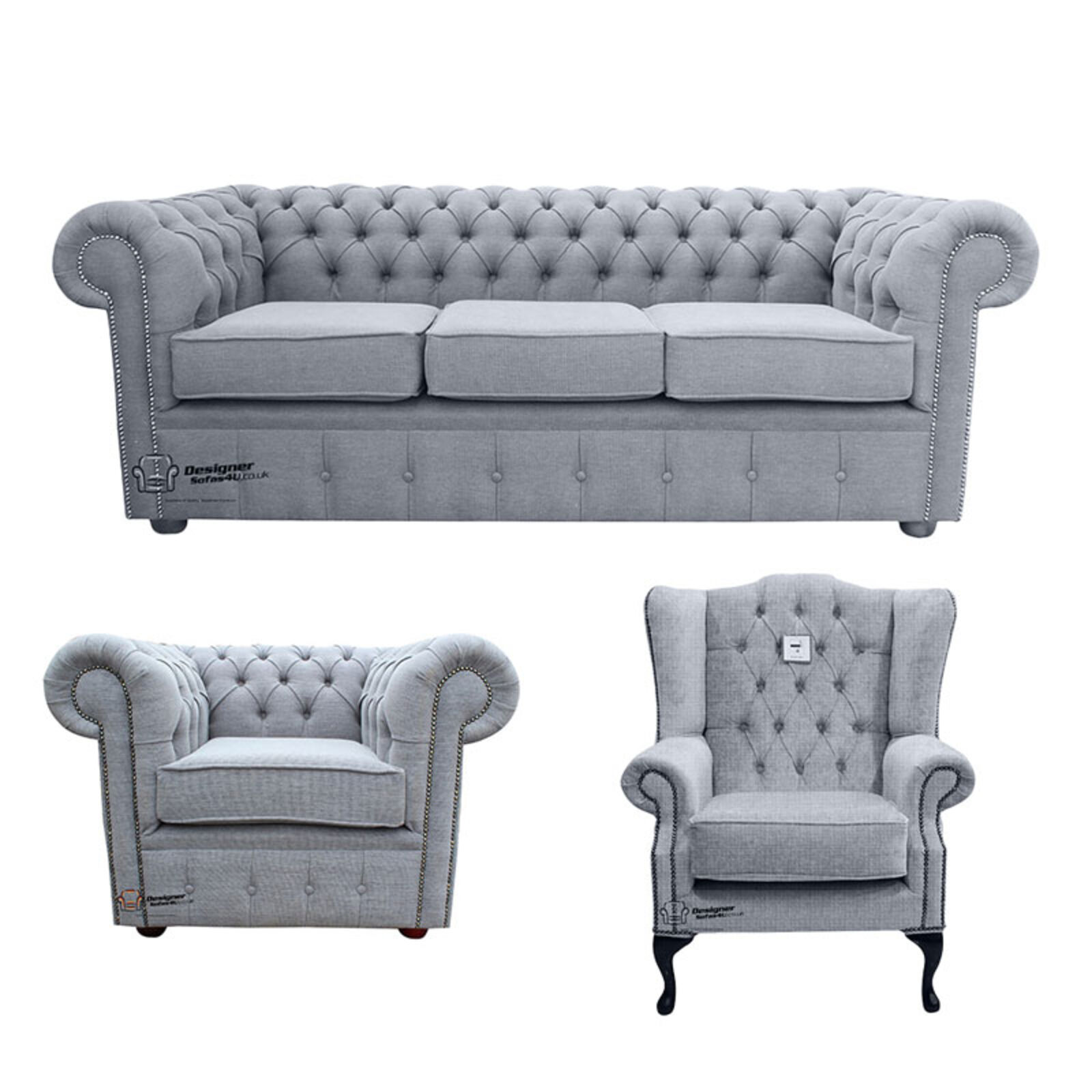 Product photograph of Chesterfield 3 Seater Sofa Club Chair Mallory Wing Chair Verity Plain Steel Fabric Sofa Suite Offer from Designer Sofas 4U