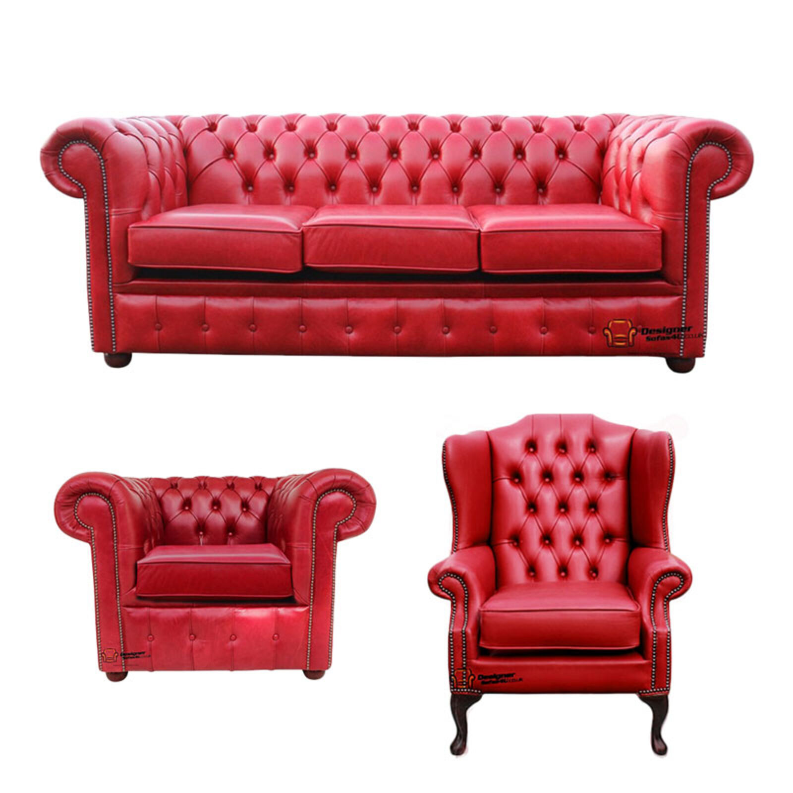 Product photograph of Chesterfield 3 Seater Sofa Club Chair Mallory Wing Chair Old English Gamay Red Leather Sofa Offer from Designer Sofas 4U