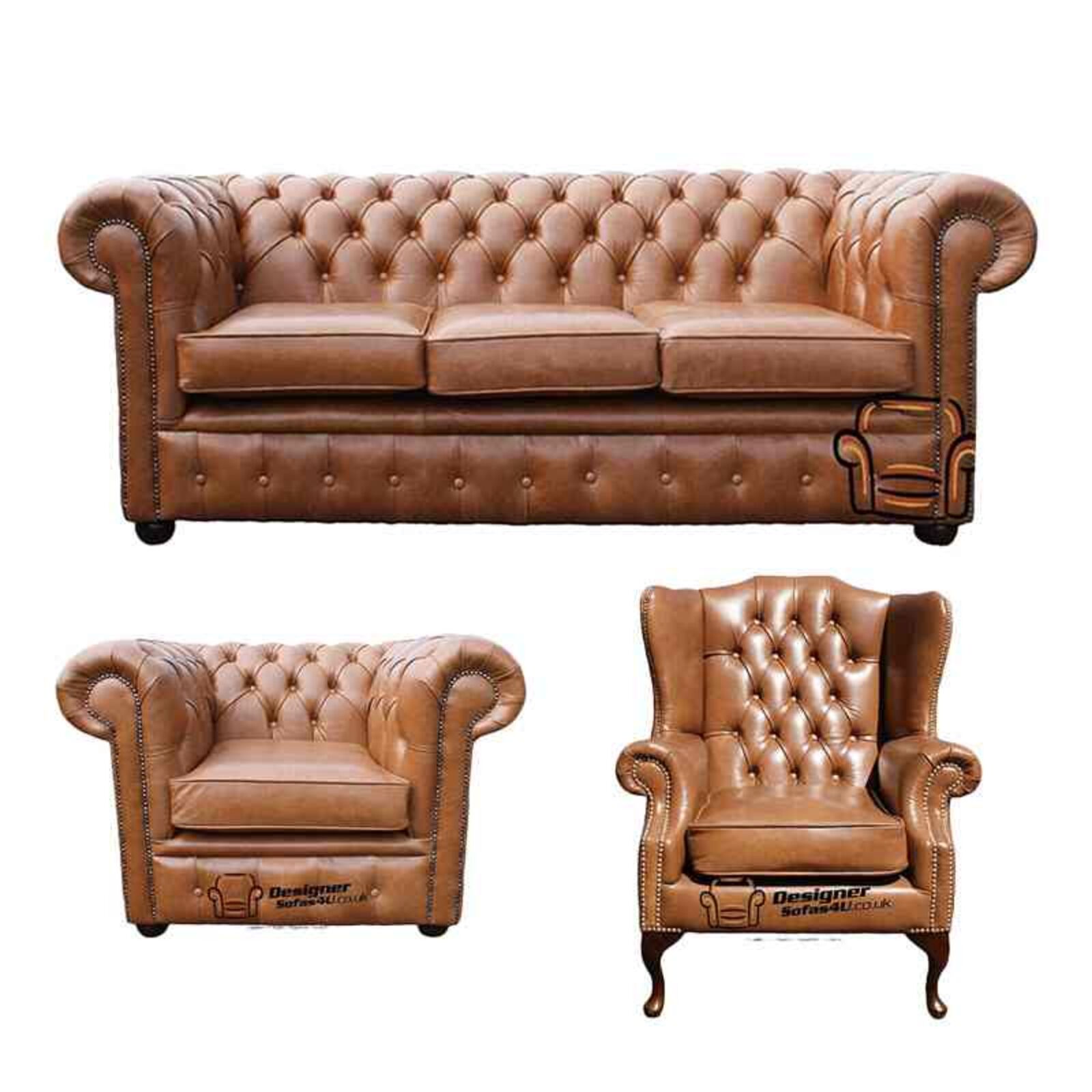 Product photograph of Chesterfield 3 Seater Sofa Club Chair Mallory Wing Chair Old English Tan Leather Sofa Offer from Designer Sofas 4U