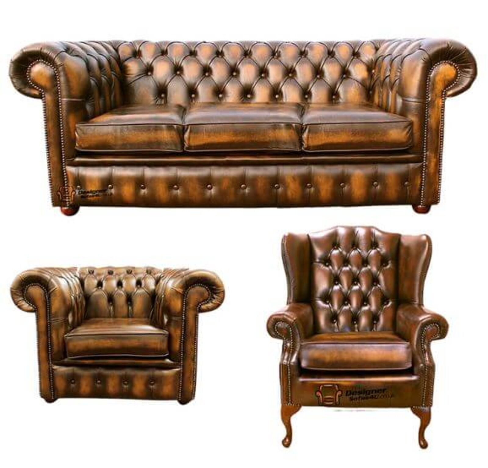 Product photograph of Chesterfield 3 Seater Sofa Club Chair Mallory Wing Chair Leather Sofa Suite Offer Antique Gold from Designer Sofas 4U