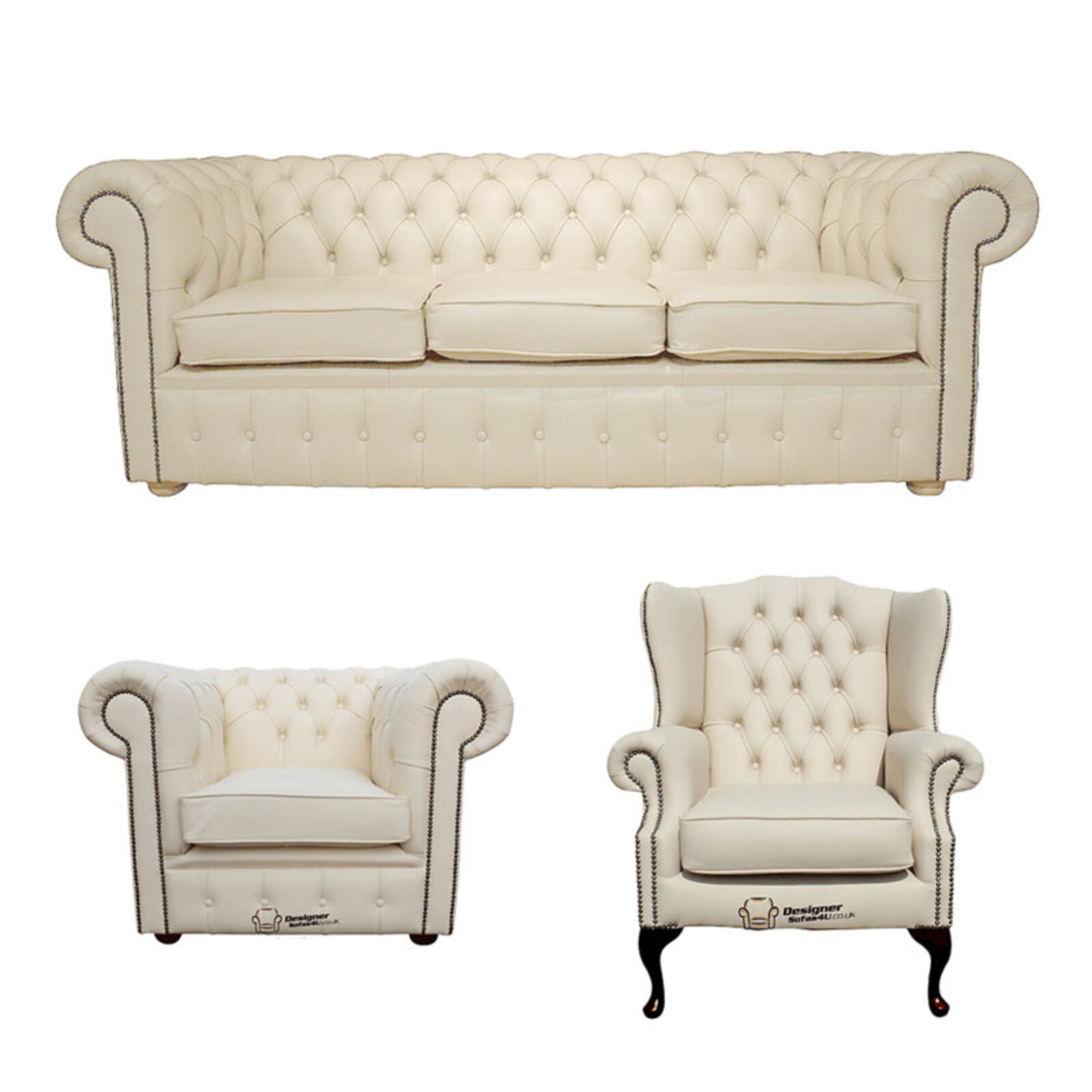 Product photograph of Chesterfield 3 Seater Sofa Club Chair Mallory Wing Chair Leather Sofa Suite Offer Cottonseed Cream from Designer Sofas 4U