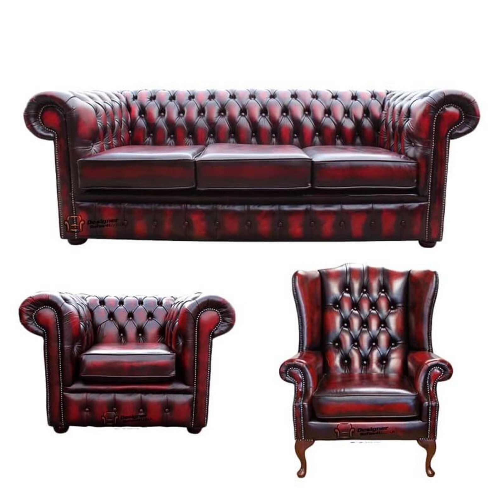 Product photograph of Chesterfield 3 Seater Sofa Club Chair Mallory Wing Chair Leather Sofa Suite Offer Antique Oxblood from Designer Sofas 4U