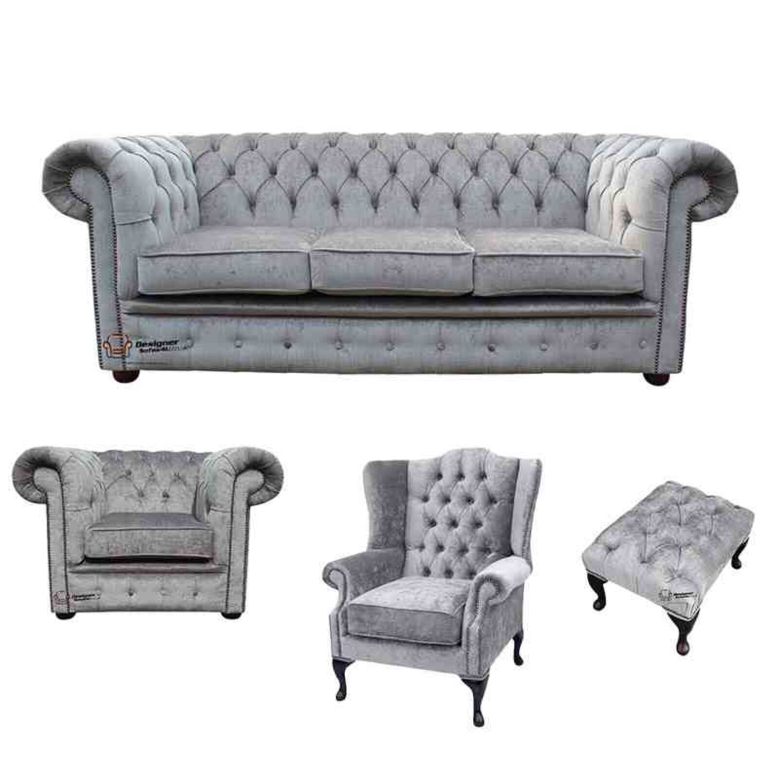 Product photograph of Chesterfield 3 Seater Sofa Club Chair Mallory Wing Chair Footstool Harmony Ivory Velvet Sofa Suite Offer from Designer Sofas 4U