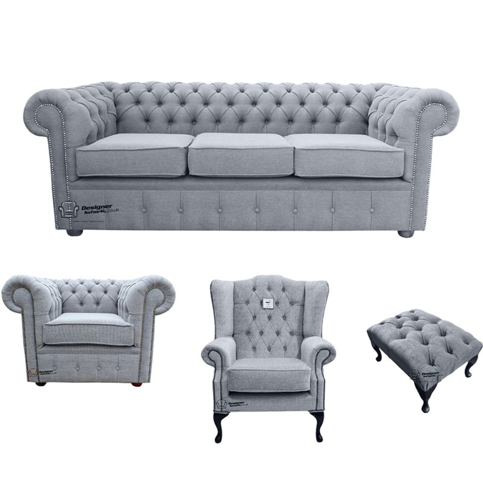 Product photograph of Chesterfield 3 Seater Sofa Club Chair Mallory Wing Chair Footstool Verity Plain Steel Fabric Sofa Suite Offer from Designer Sofas 4U