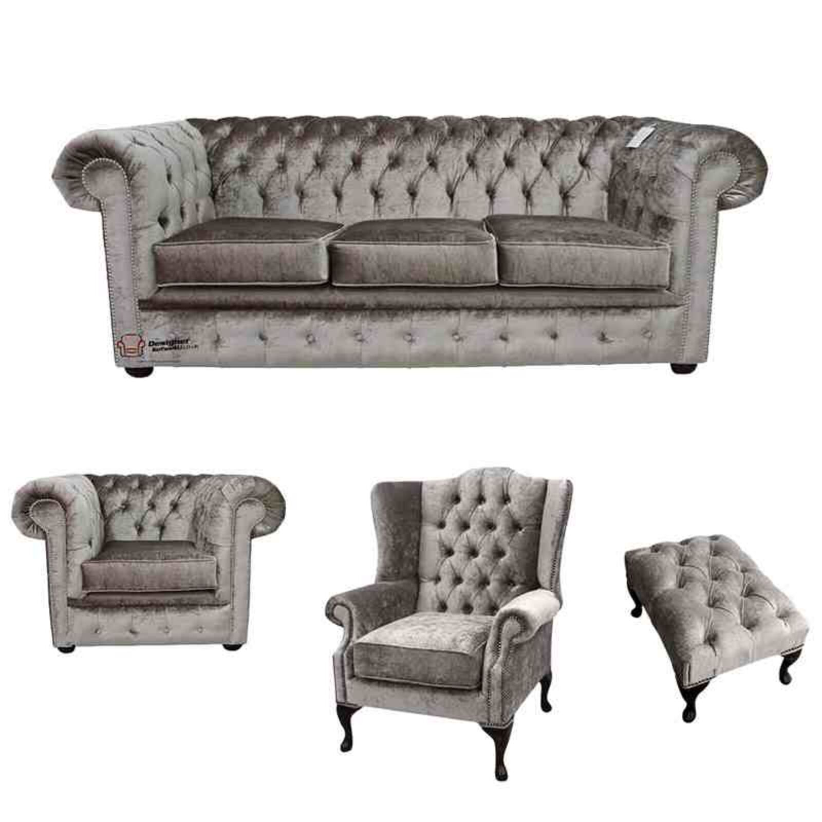 Product photograph of Chesterfield 3 Seater Sofa Club Chair Mallory Wing Chair Footstool Verity Silver Fabric Sofa Suite Offer from Designer Sofas 4U