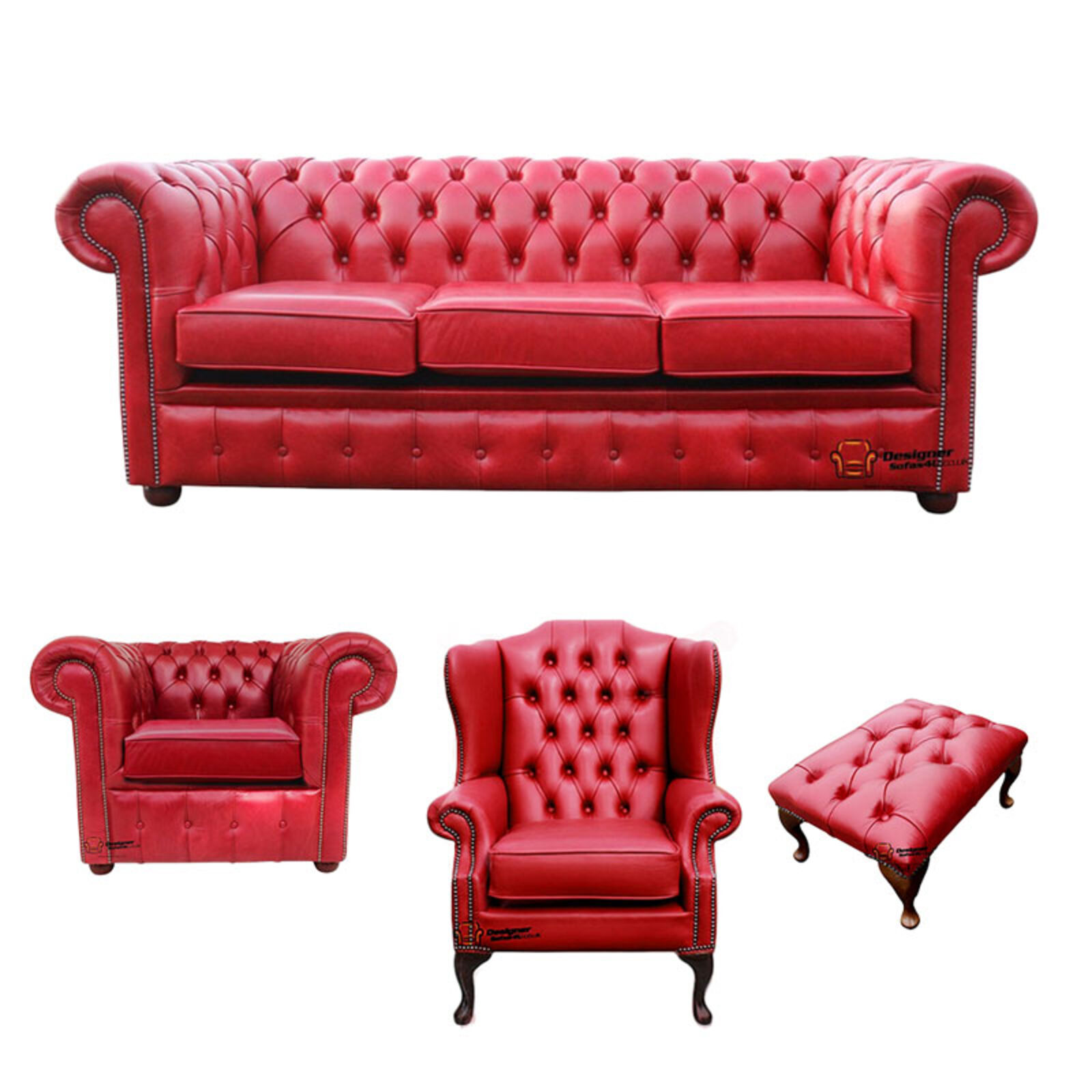 Product photograph of Chesterfield 3 Seater Sofa Club Chair Mallory Wing Chair Footstool Old English Gamay Red Leather Sofa Offer from Designer Sofas 4U