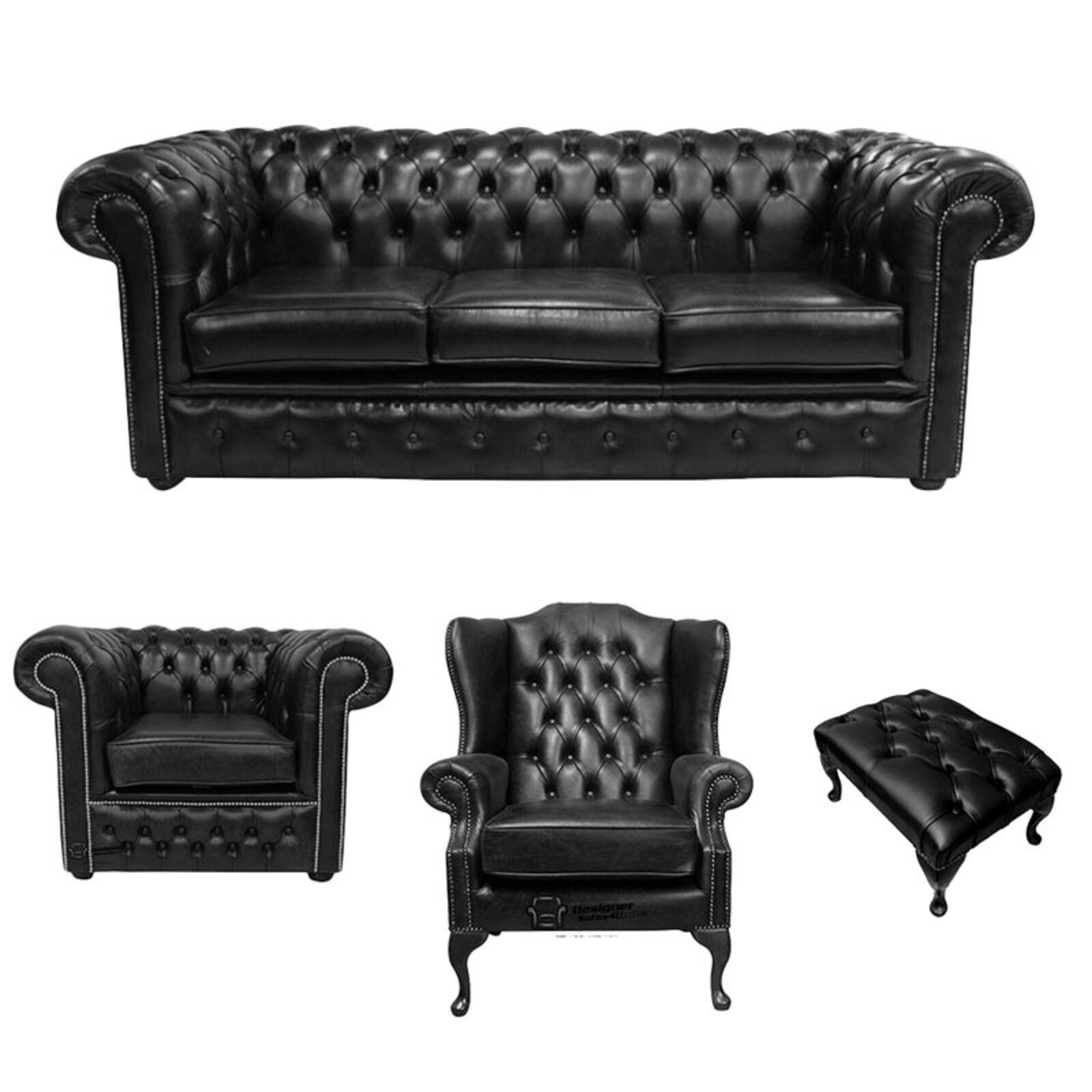 Product photograph of Chesterfield 3 Seater Sofa Club Chair Mallory Wing Chair Footstool Old English Black Leather Sofa Offer from Designer Sofas 4U