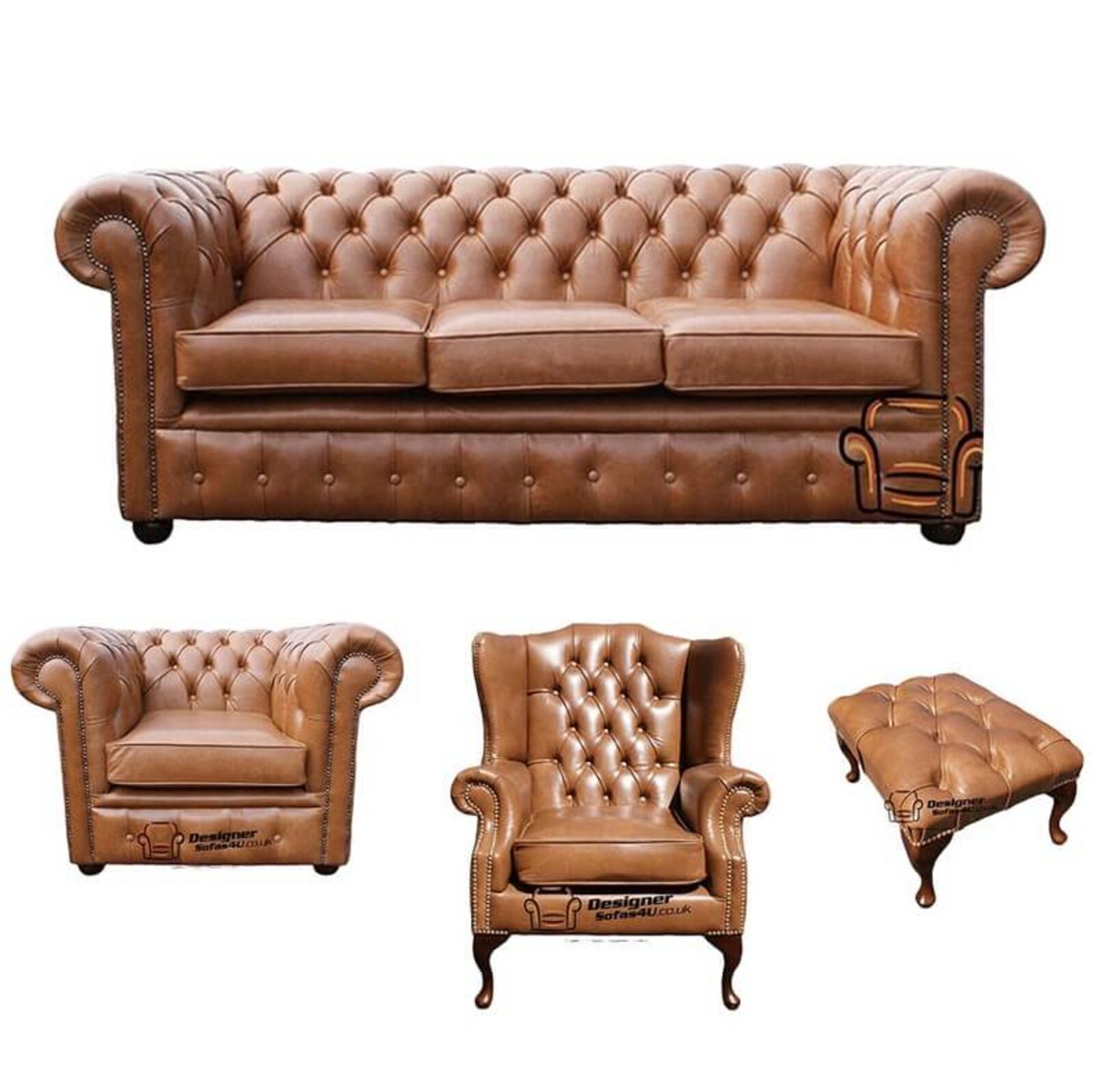 Product photograph of Chesterfield 3 Seater Sofa Club Chair Mallory Wing Chair Footstool Old English Tan Leather Sofa Offer from Designer Sofas 4U