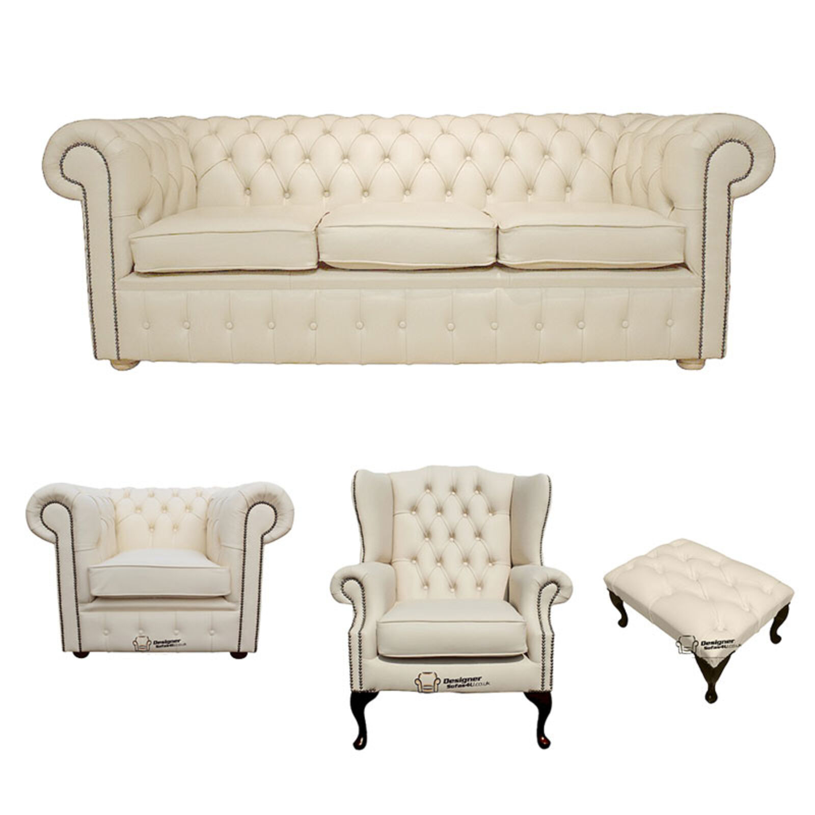 Product photograph of Chesterfield 3 Seater Sofa Club Chair Mallory Wing Chair Footstool Leather Sofa Suite Offer Cottonseed Cream from Designer Sofas 4U