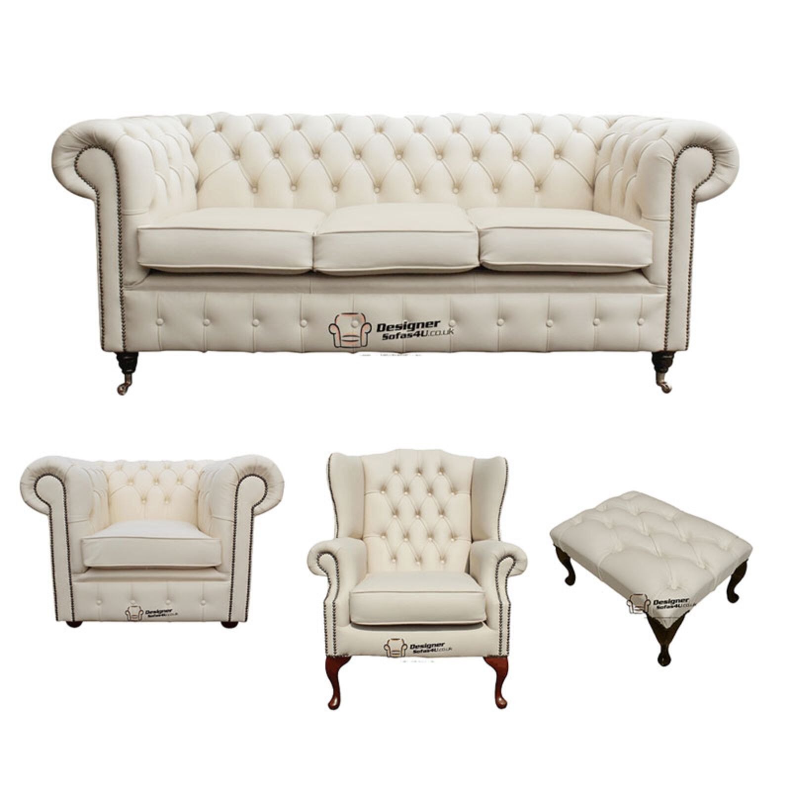 Product photograph of Chesterfield 3 Seater Sofa Club Chair Mallory Wing Chair Footstool Leather Sofa Suite Offer Ivory from Designer Sofas 4U