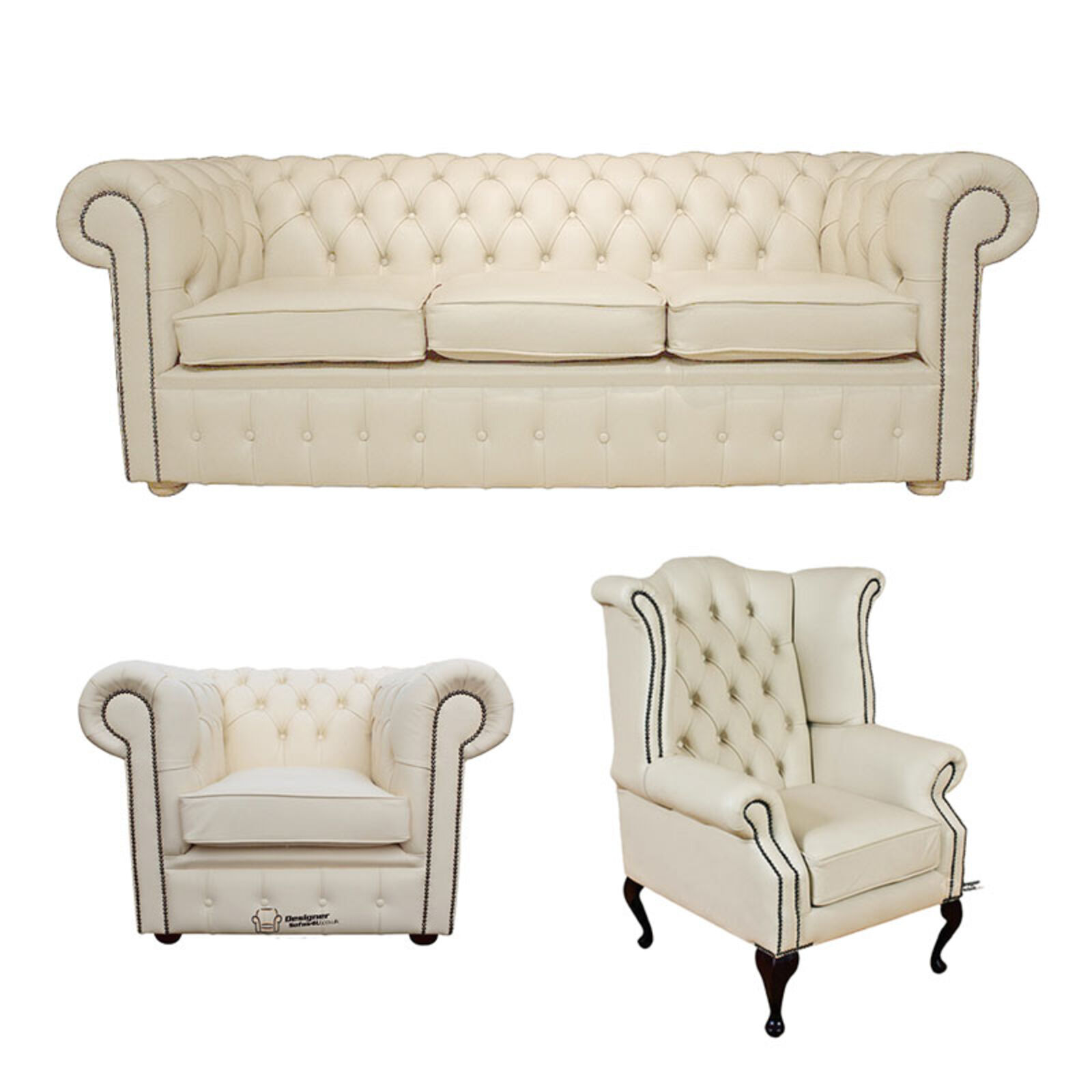 Product photograph of Chesterfield 3 Seater Sofa Club Chair Queen Anne Wing Chair Leather Sofa Suite Offer Cottonseed Cream from Designer Sofas 4U