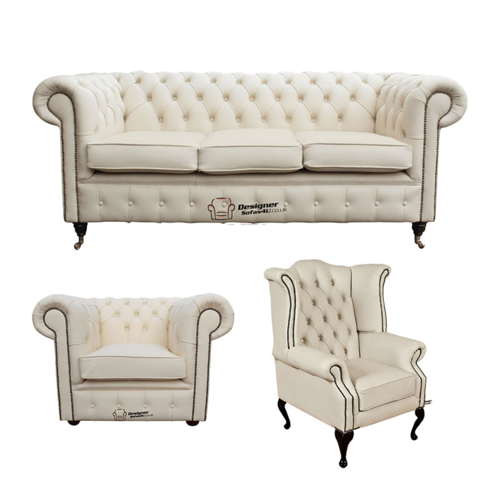 Product photograph of Chesterfield 3 Seater Sofa Club Chair Queen Anne Wing Chair Leather Sofa Suite Offer Ivory from Designer Sofas 4U