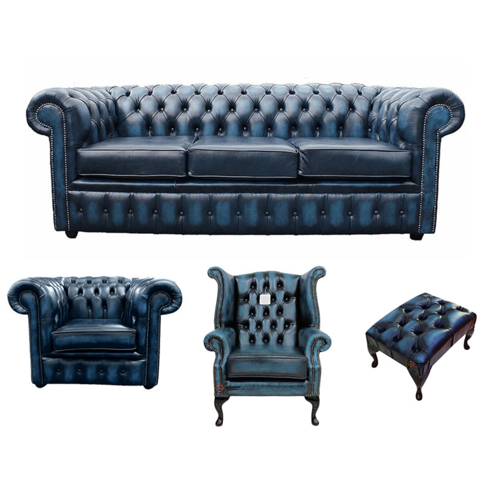 Product photograph of Chesterfield 3 Seater Sofa Club Chair Queen Anne Wing Chair Footstool Leather Sofa Suite Offer Antique Blue from Designer Sofas 4U
