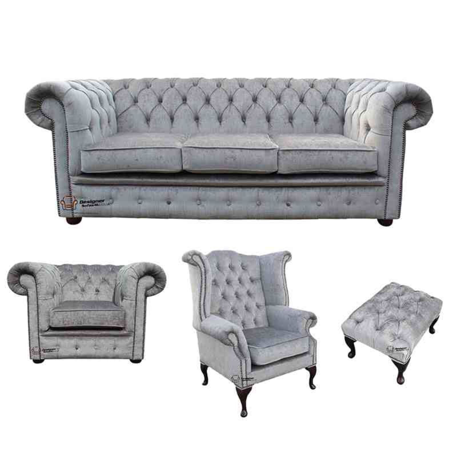 Product photograph of Chesterfield 3 Seater Sofa Club Chair Queen Anne Chair Footstool Harmony Ivory Velvet Sofa Suite Offer from Designer Sofas 4U