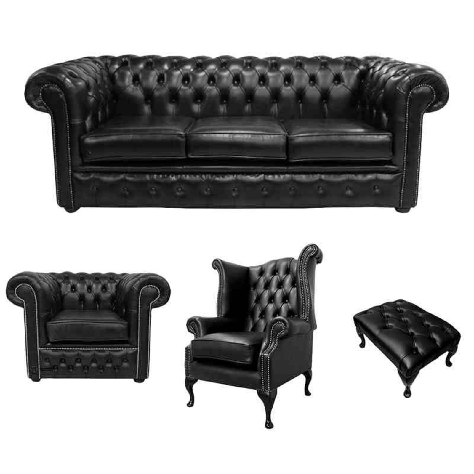 Product photograph of Chesterfield 3 Seater Sofa Club Chair Queen Anne Chair Footstool Old English Black Leather Sofa Offer from Designer Sofas 4U