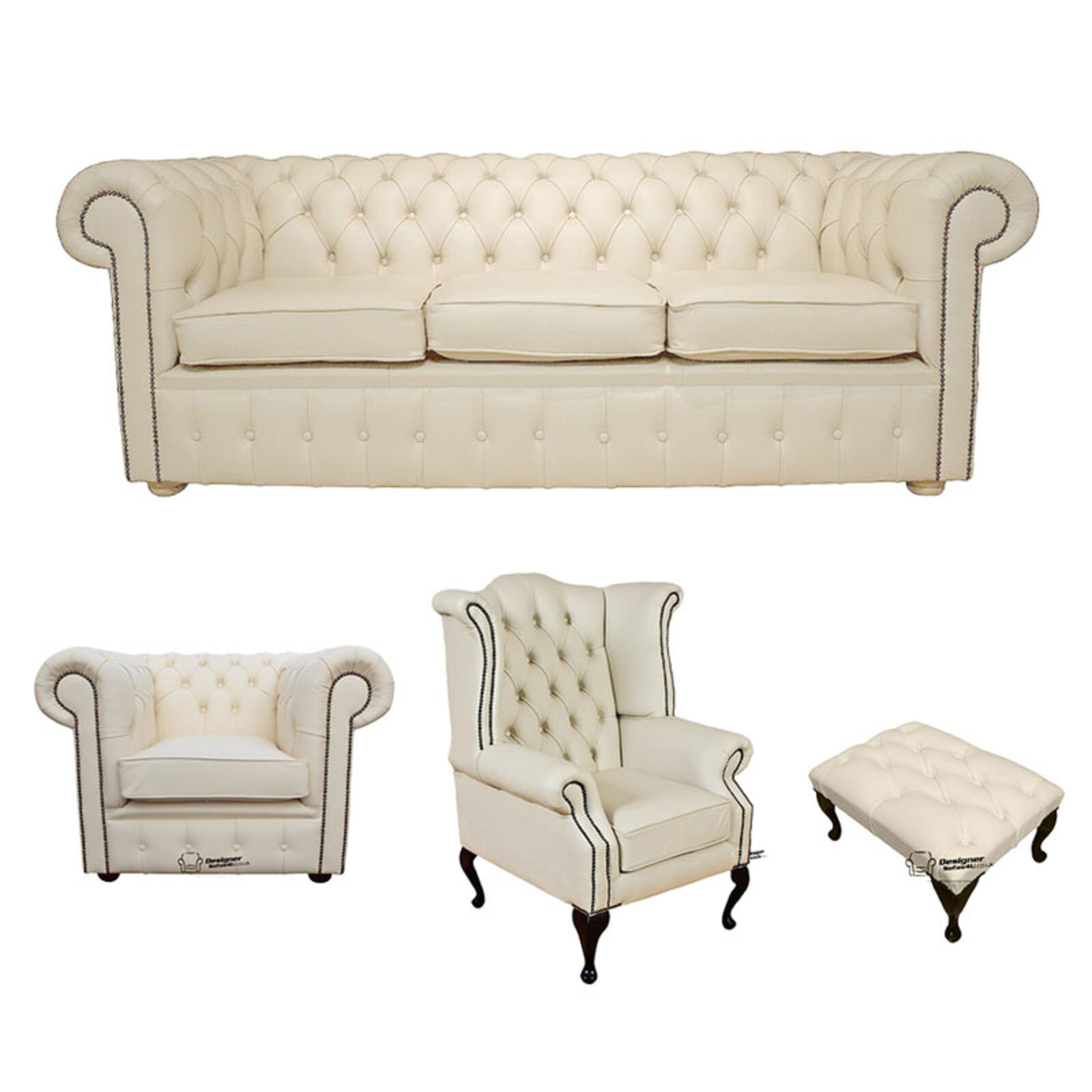 Product photograph of Chesterfield 3 Seater Sofa Club Chair Queen Anne Wing Chair Footstool Leather Sofa Suite Offer Cottonseed Cream from Designer Sofas 4U