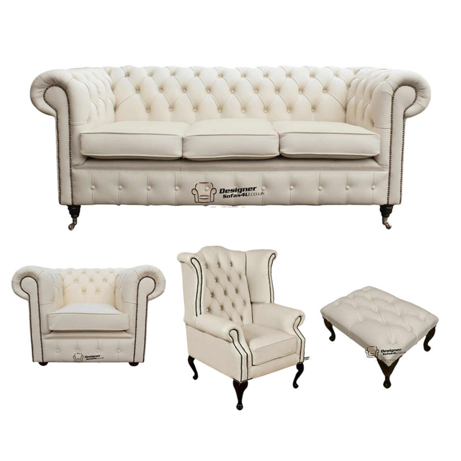 Product photograph of Chesterfield 3 Seater Sofa Club Chair Queen Anne Wing Chair Footstool Leather Sofa Suite Offer Ivory from Designer Sofas 4U
