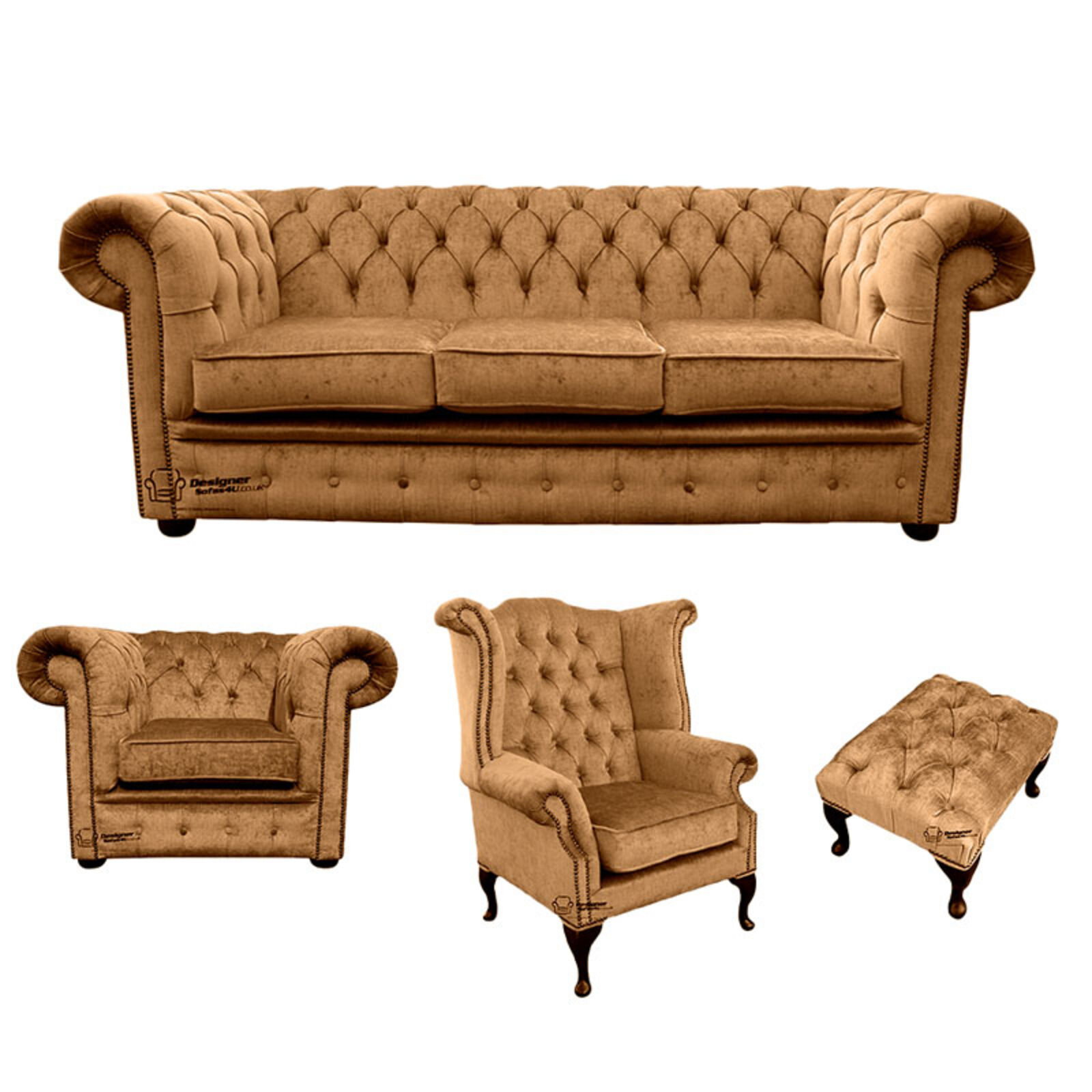 Product photograph of Chesterfield 3 Seater Sofa Club Chair Queen Anne Chair Footstool Harmony Gold Velvet Sofa Suite Offer from Designer Sofas 4U