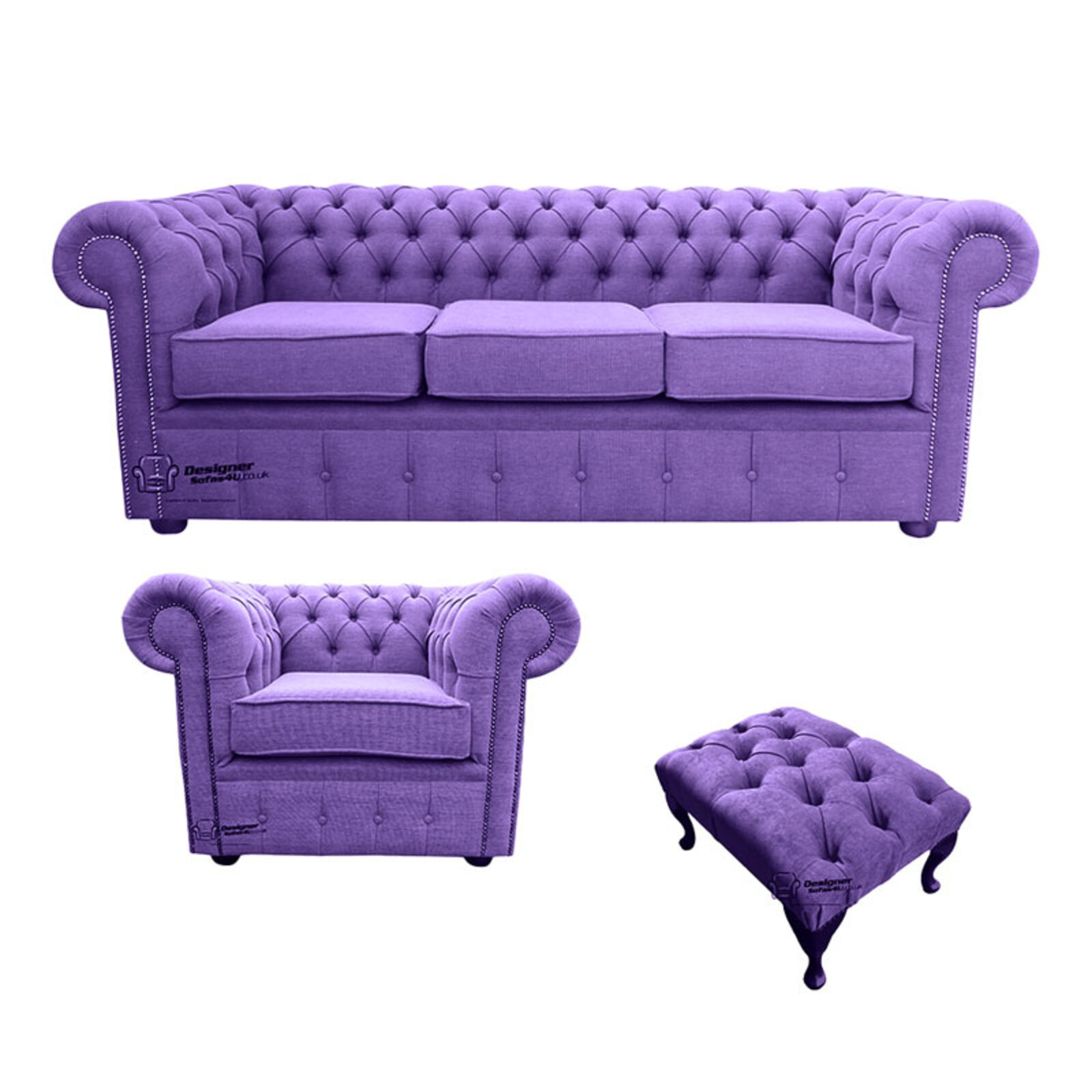 Product photograph of Chesterfield 3 Seater Sofa Club Chair Footstool Verity Purple Fabric Sofa Suite Offer from Designer Sofas 4U
