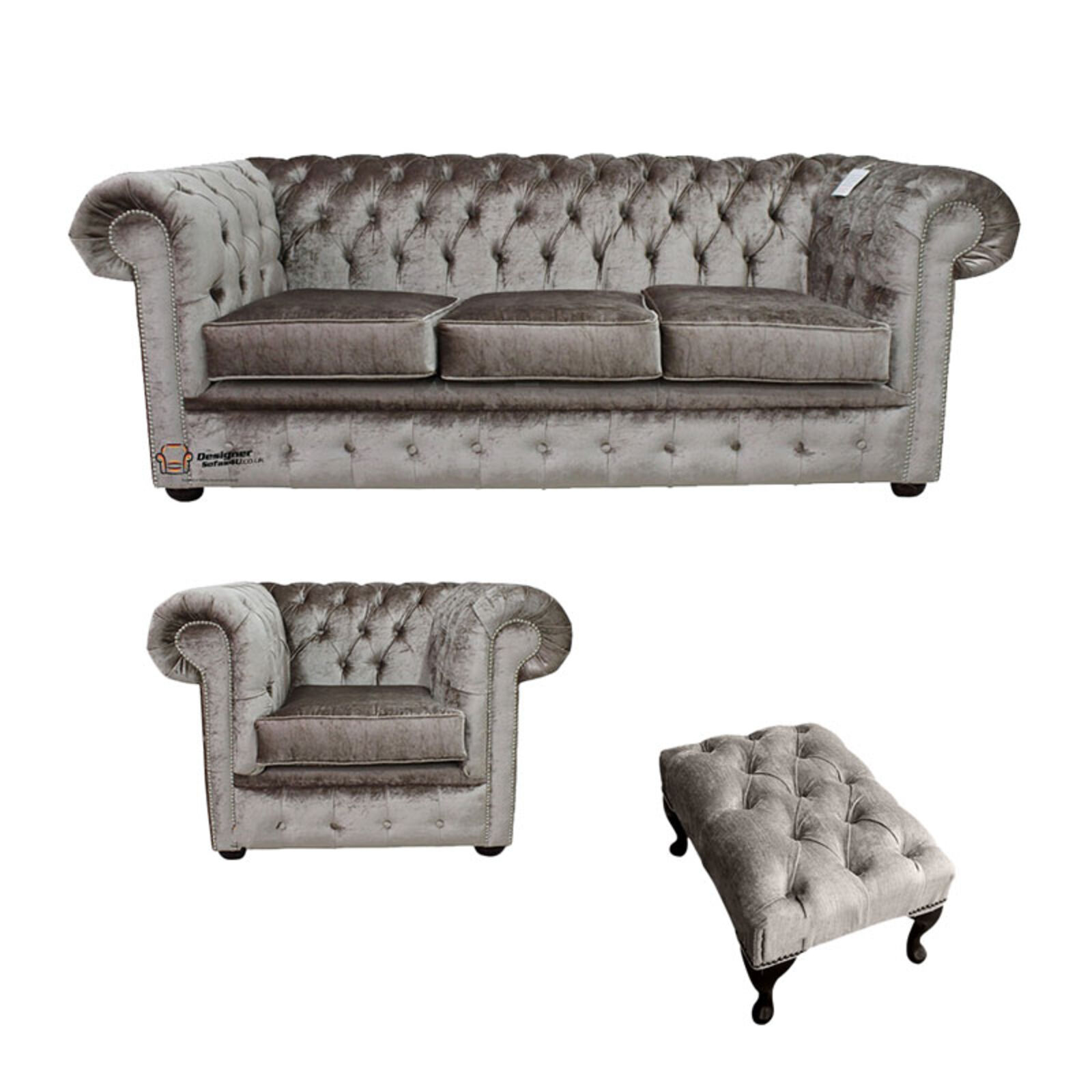 Product photograph of Chesterfield 3 Seater Club Chair Footstool Boutique Beige Velvet Sofa Suite Offer from Designer Sofas 4U