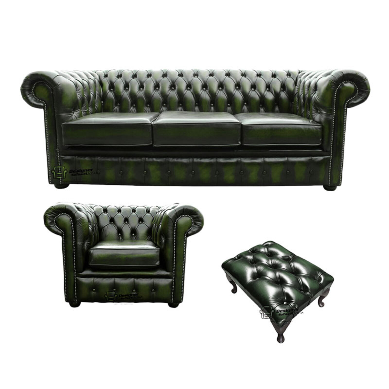 Product photograph of Chesterfield 3 Seater Sofa Club Chair Footstool Leather Sofa Suite Offer Antique Green from Designer Sofas 4U