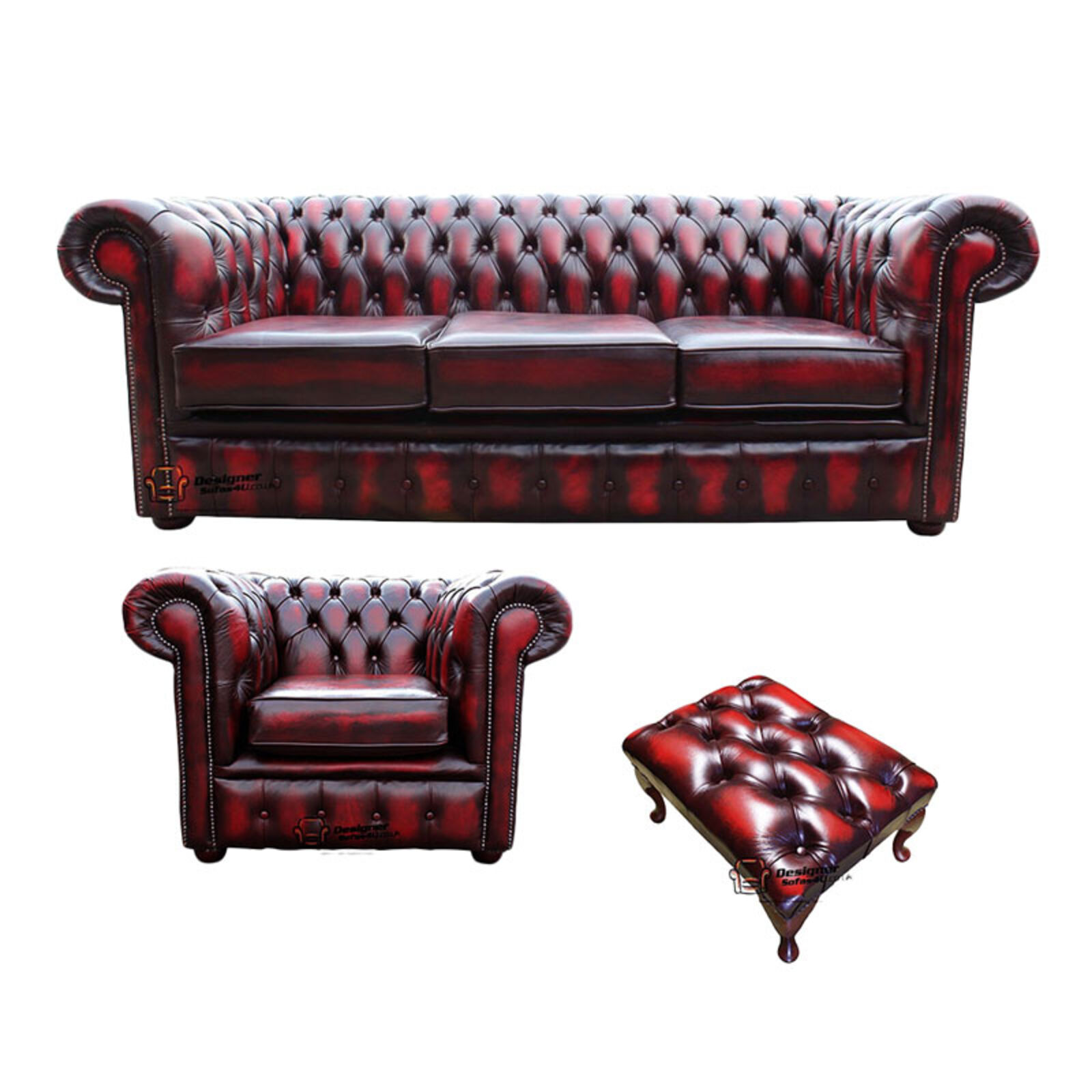 Product photograph of Chesterfield 3 Seater Sofa Club Chair Footstool Leather Sofa Suite Offer Antique Oxblood from Designer Sofas 4U