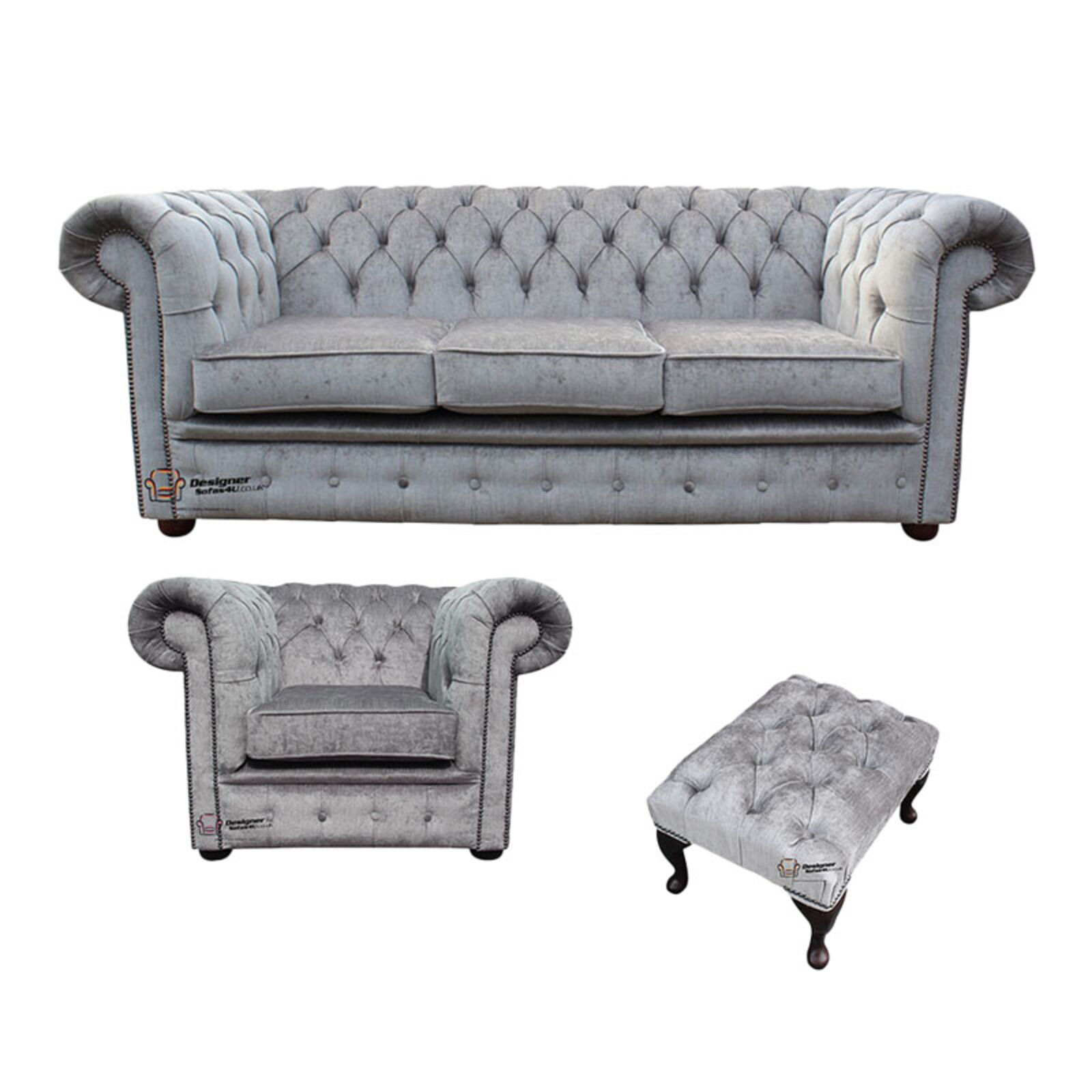 Product photograph of Chesterfield 3 Seater Sofa Club Chair Footstool Perla Illusions Velvet Sofa Suite Offer from Designer Sofas 4U