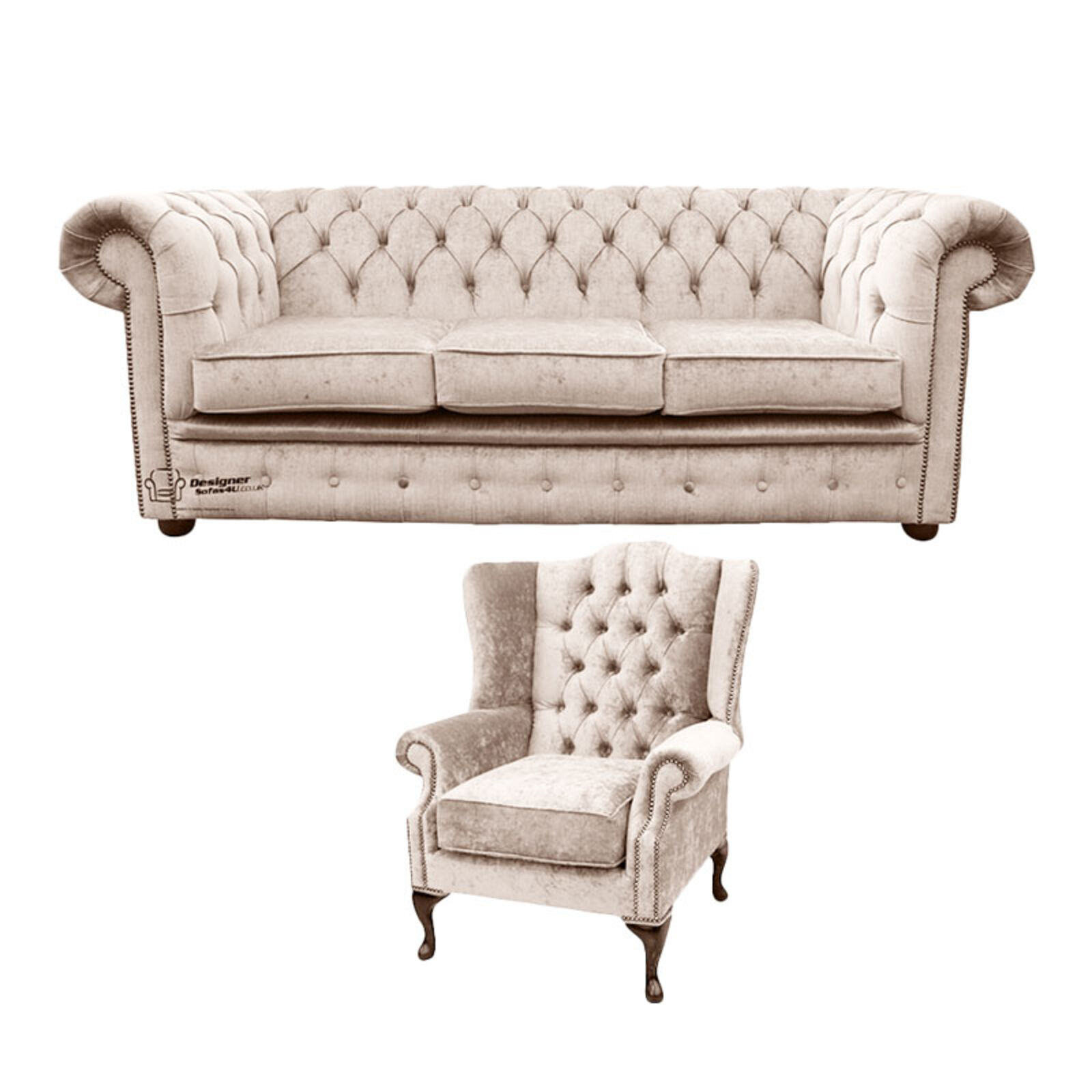Product photograph of Chesterfield 3 Seater Sofa Mallory Wing Chair Harmony Ivory Velvet Sofa Suite Offer from Designer Sofas 4U