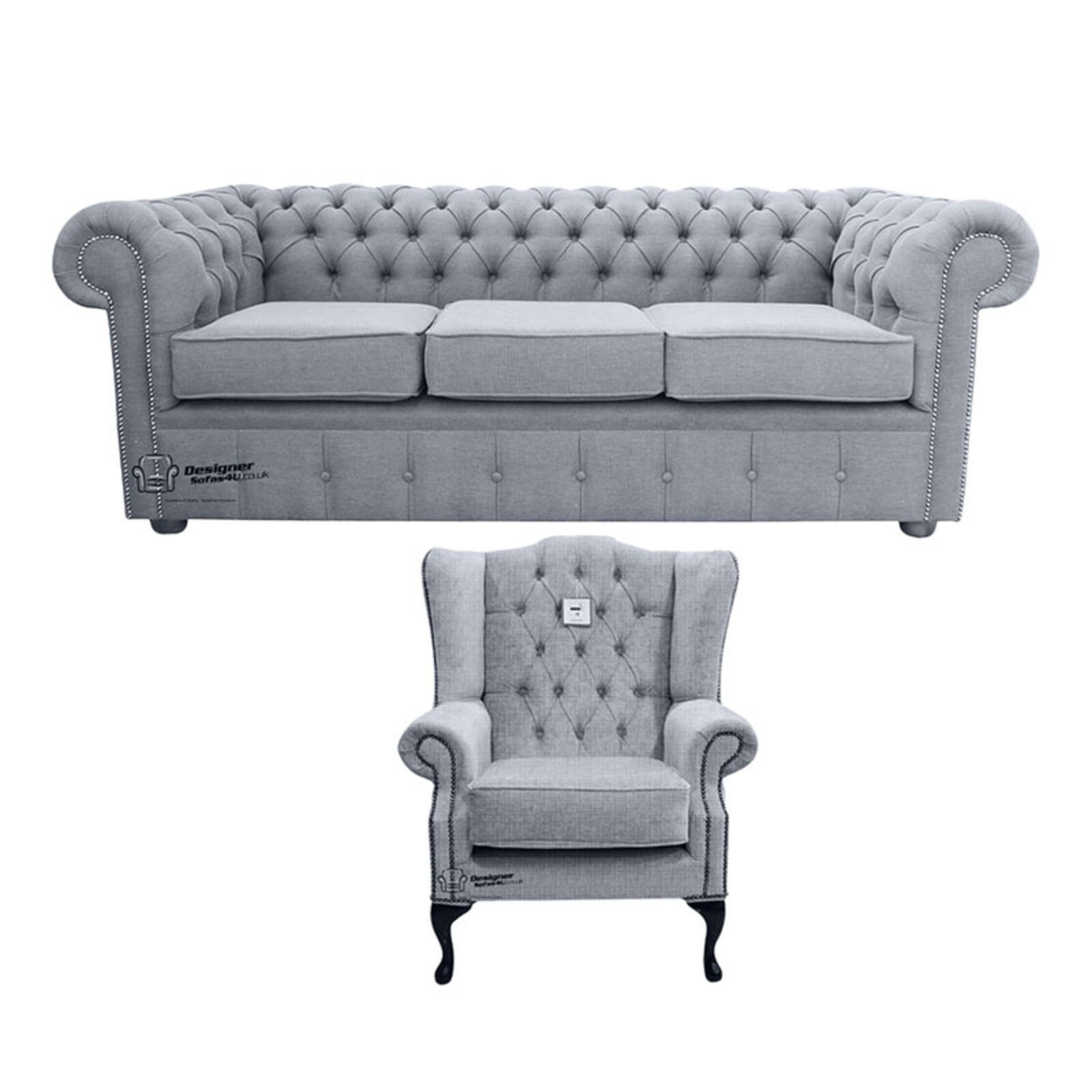 Product photograph of Chesterfield 3 Seater Sofa Mallory Wing Chair Verity Plain Steel Fabric Sofa Suite Offer from Designer Sofas 4U