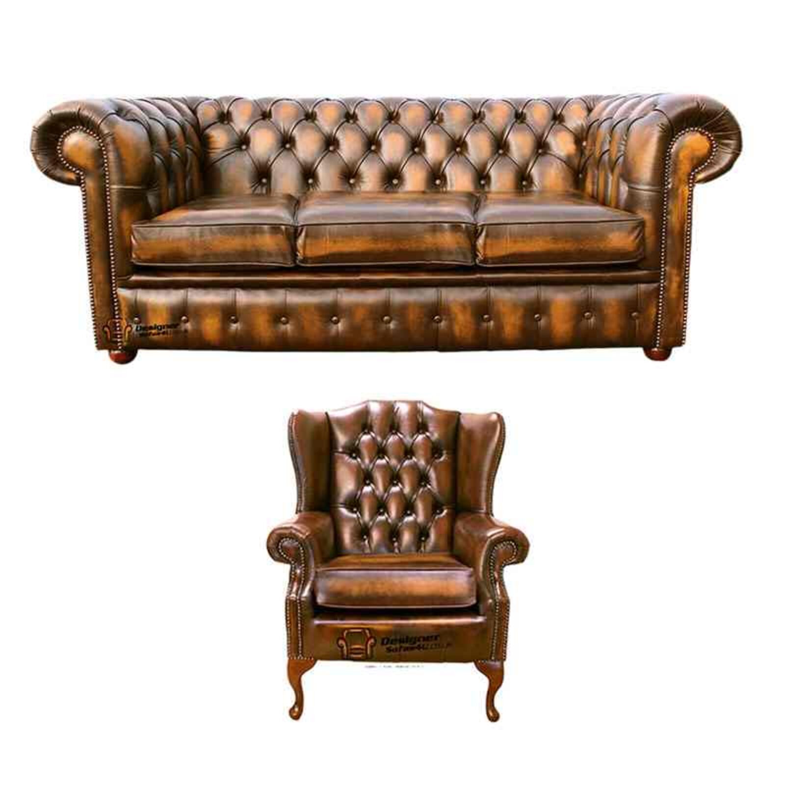 Product photograph of Chesterfield 3 Seater Sofa Mallory Wing Chair Leather Sofa Suite Offer Antique Gold from Designer Sofas 4U