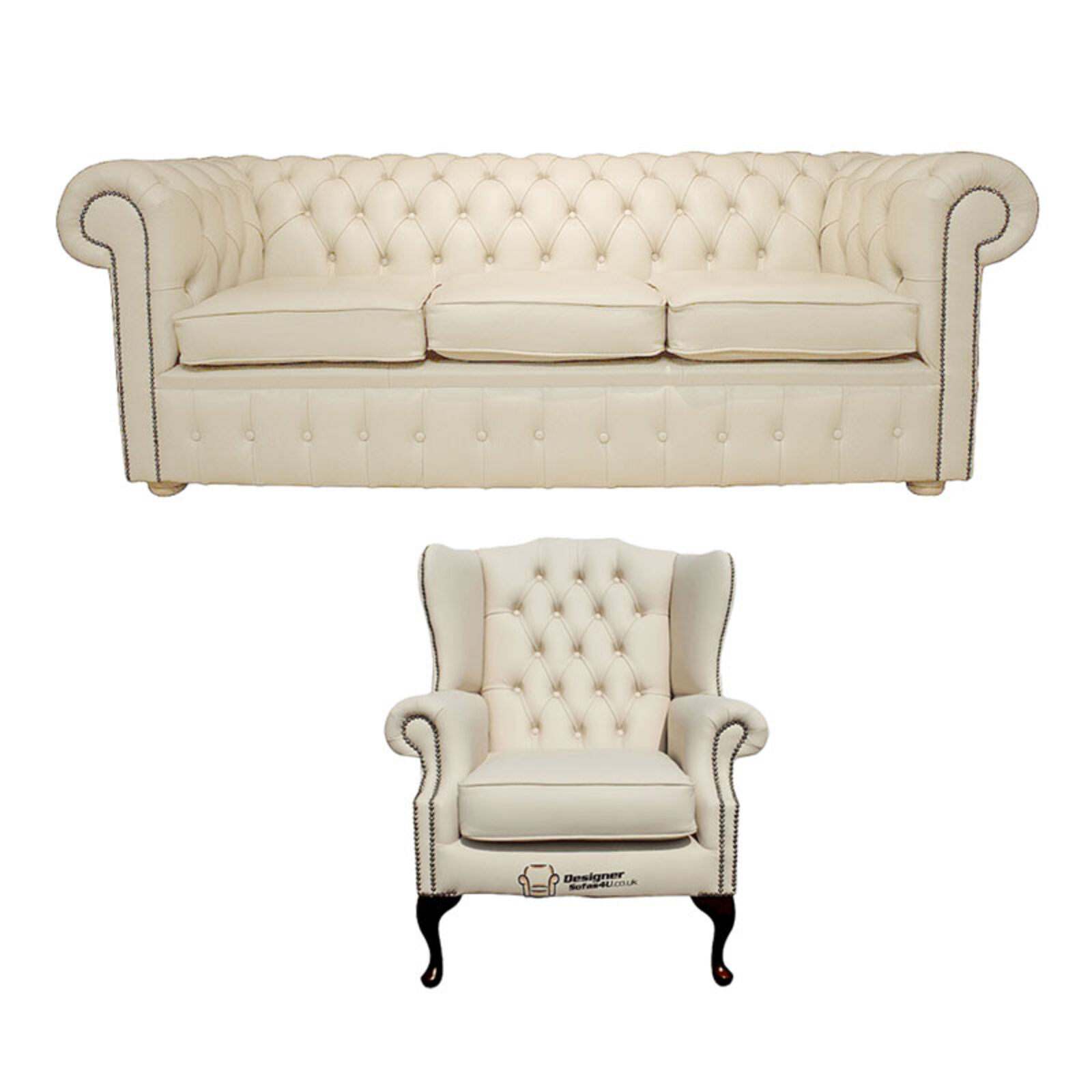 Product photograph of Chesterfield 3 Seater Sofa Mallory Wing Chair Leather Sofa Suite Offer Cottonseed Cream from Designer Sofas 4U