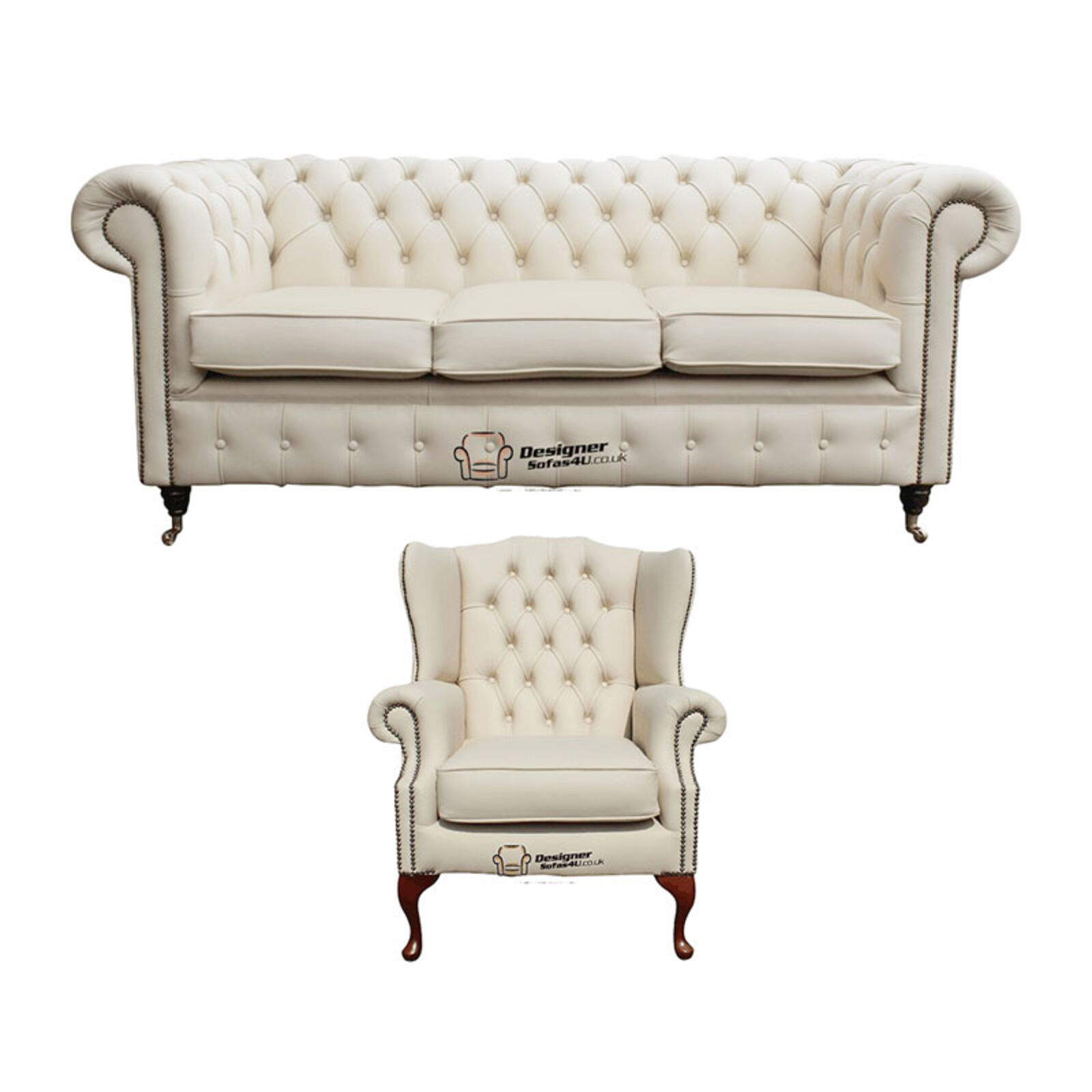 Product photograph of Chesterfield 3 Seater Sofa Mallory Wing Chair Leather Sofa Suite Offer Ivory from Designer Sofas 4U