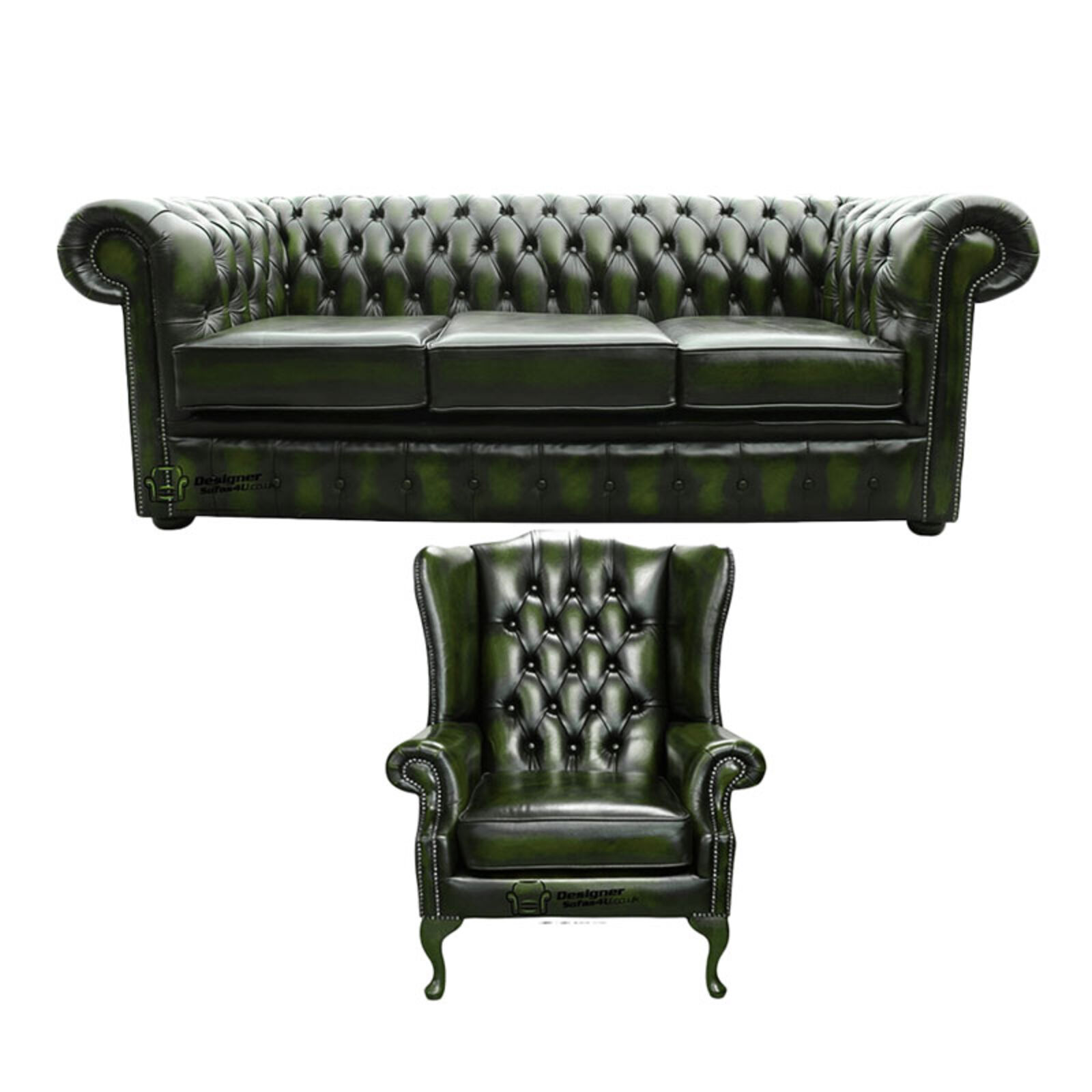 Product photograph of Chesterfield 3 Seater Sofa Mallory Wing Chair Leather Sofa Suite Offer Antique Green from Designer Sofas 4U