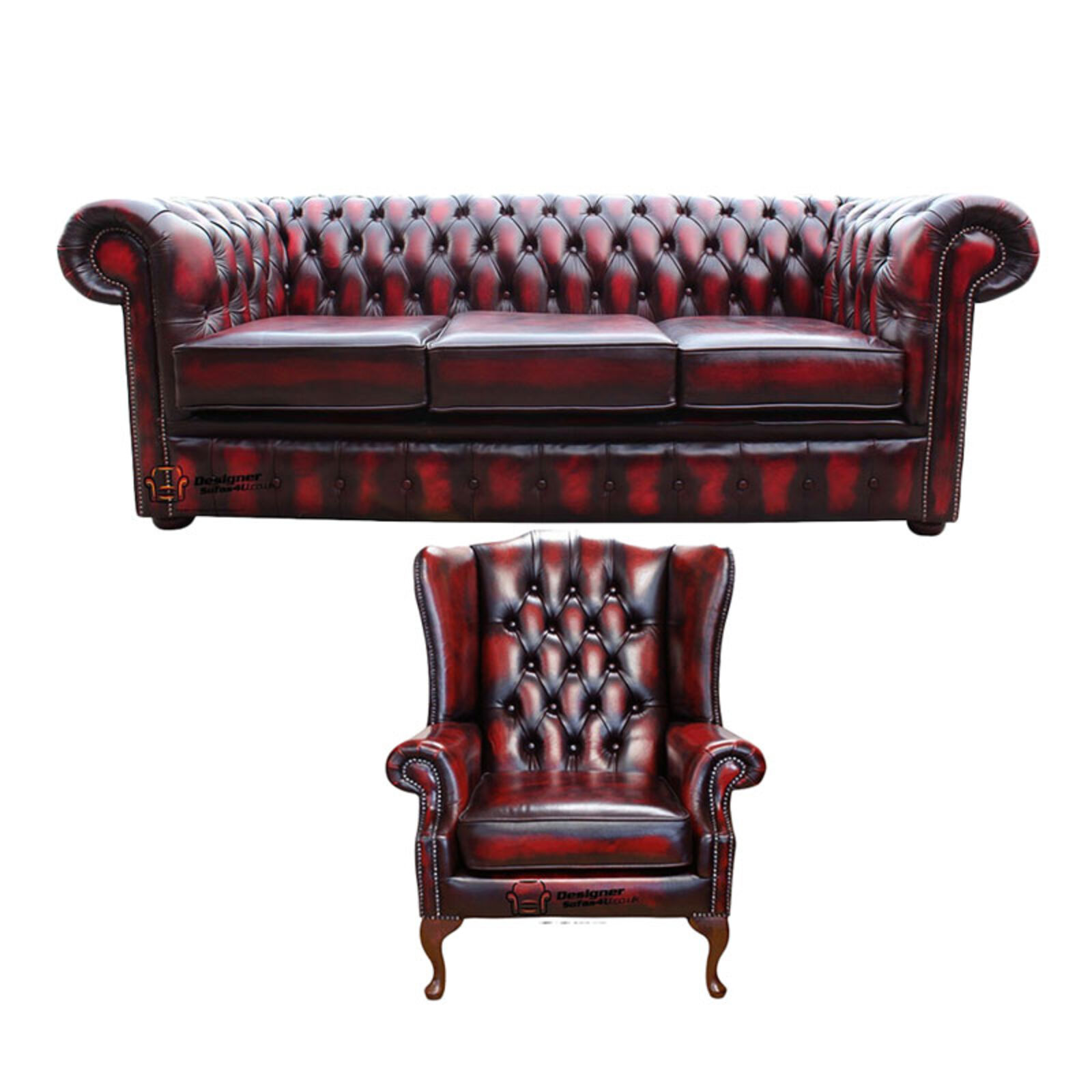 Product photograph of Chesterfield 3 Seater Sofa Mallory Wing Chair Leather Sofa Suite Offer Antique Oxblood from Designer Sofas 4U