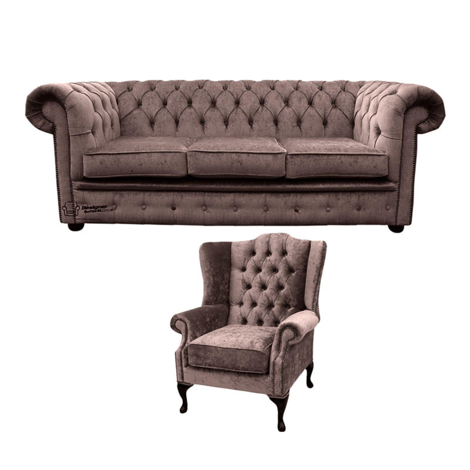 Product photograph of Chesterfield 3 Seater Sofa Mallory Wing Chair Harmony Charcoal Velvet Sofa Suite Offer from Designer Sofas 4U